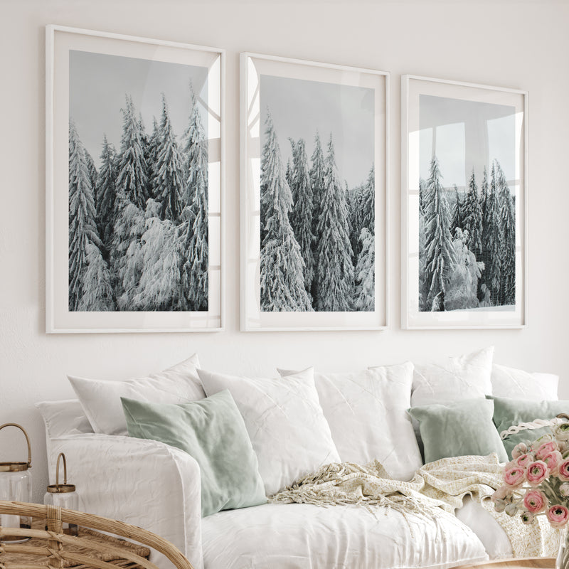 Winter Wall Art Triptych – Snowy Pine Forest Photography - White Framed Poster with White Border - Artworksets