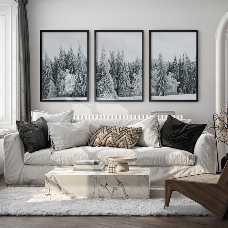 Winter Wall Art Triptych – Snowy Pine Forest Photography - Black Framed Poster No Border - Artworksets