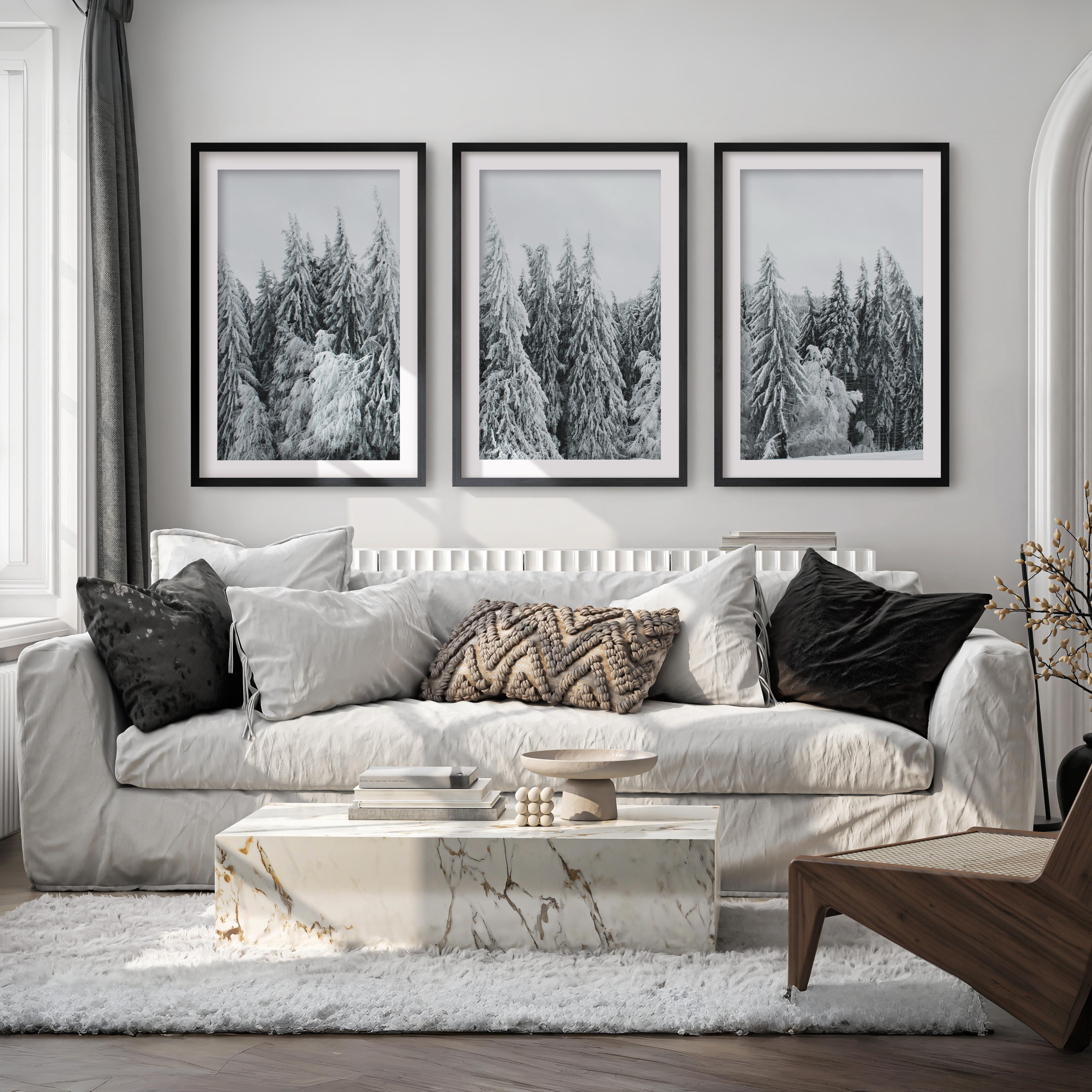 Winter Wall Art Triptych – Snowy Pine Forest Photography - Black Framed Poster with White Border - Artworksets