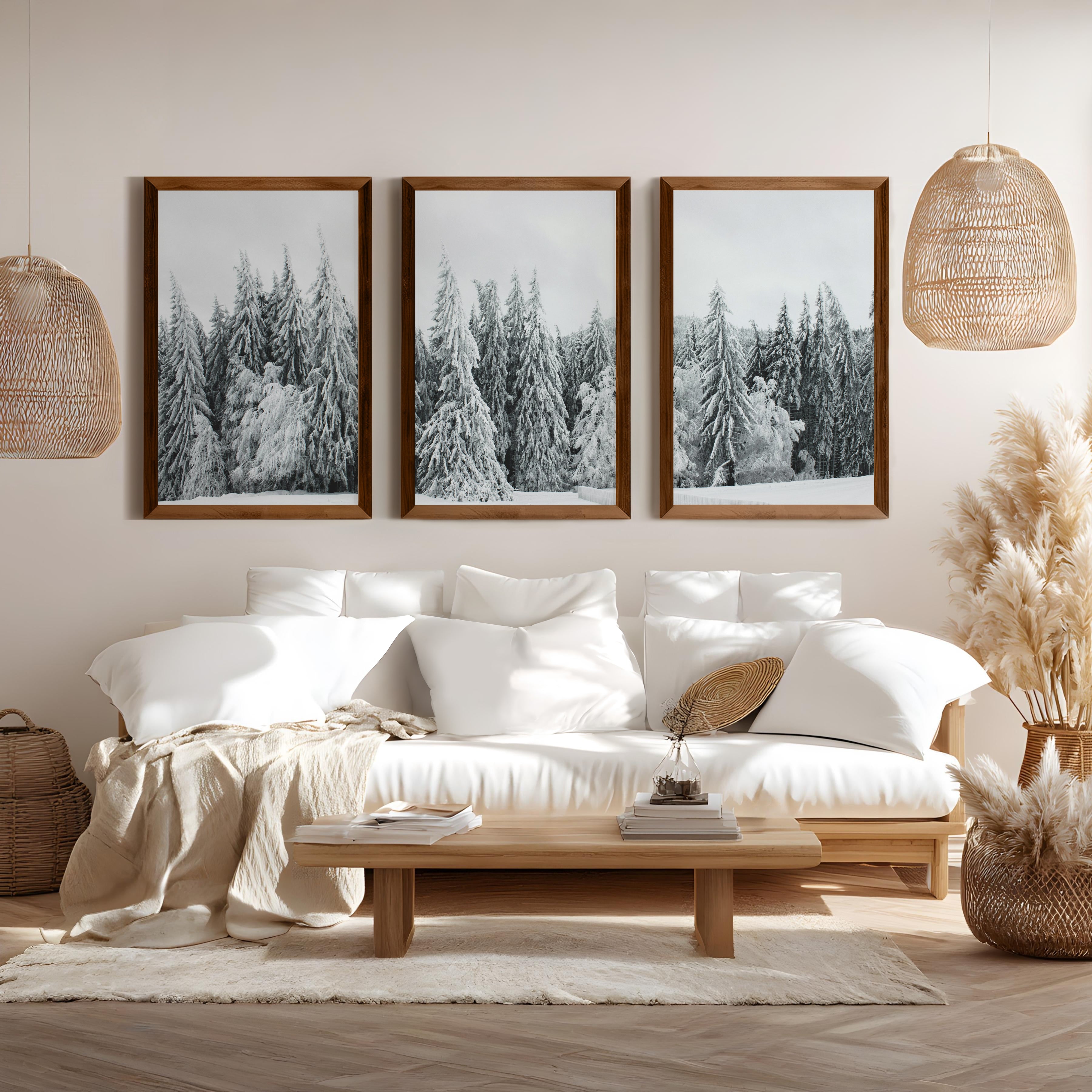 Winter Wall Art Triptych – Snowy Pine Forest Photography - Dark Brown Framed Poster No Border - Artworksets
