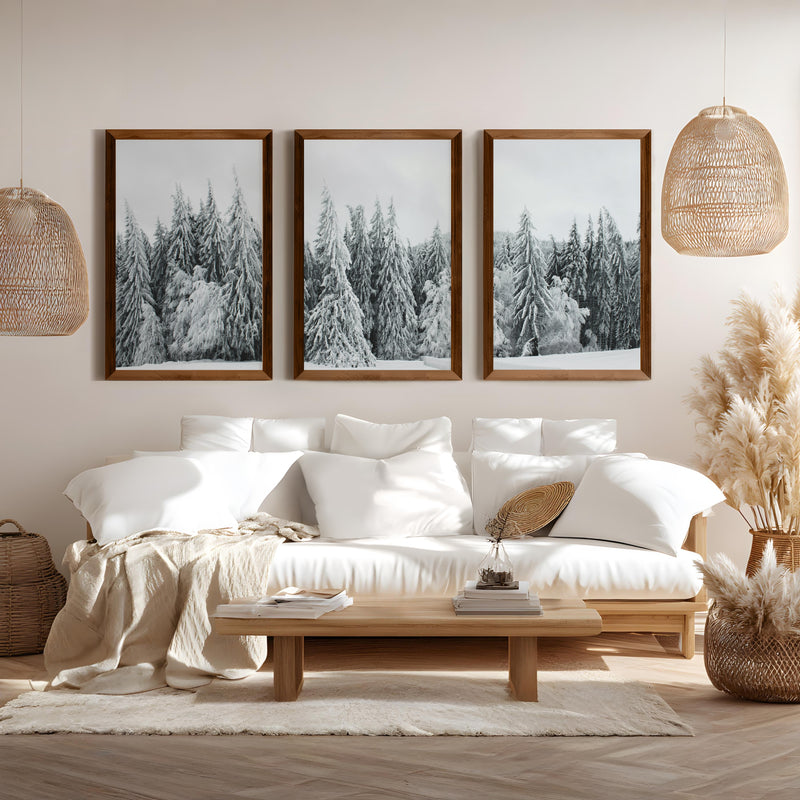 Winter Wall Art Triptych – Snowy Pine Forest Photography - Dark Brown Framed Poster No Border - Artworksets