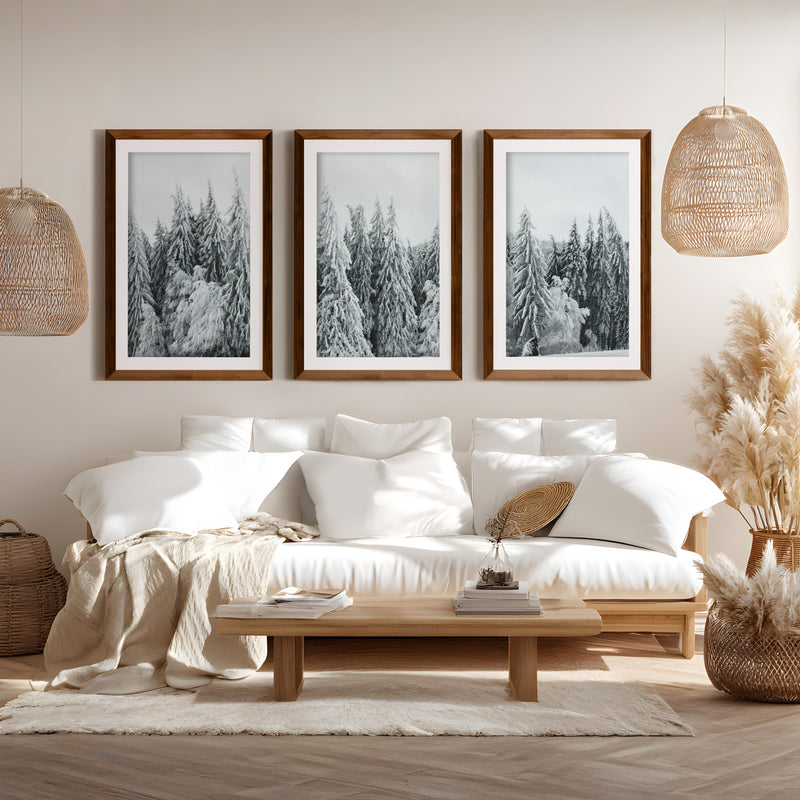 Winter Wall Art Triptych – Snowy Pine Forest Photography - Dark Brown Framed Poster with White Border - Artworksets