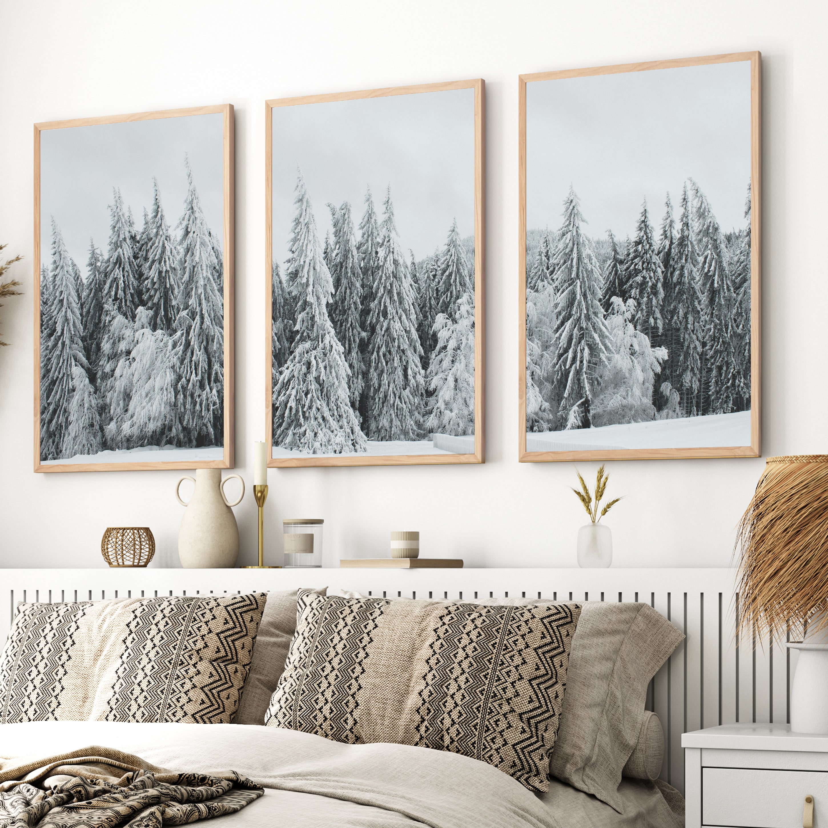 Winter Wall Art Triptych – Snowy Pine Forest Photography - Natural Wood Framed Poster No Border - Artworksets
