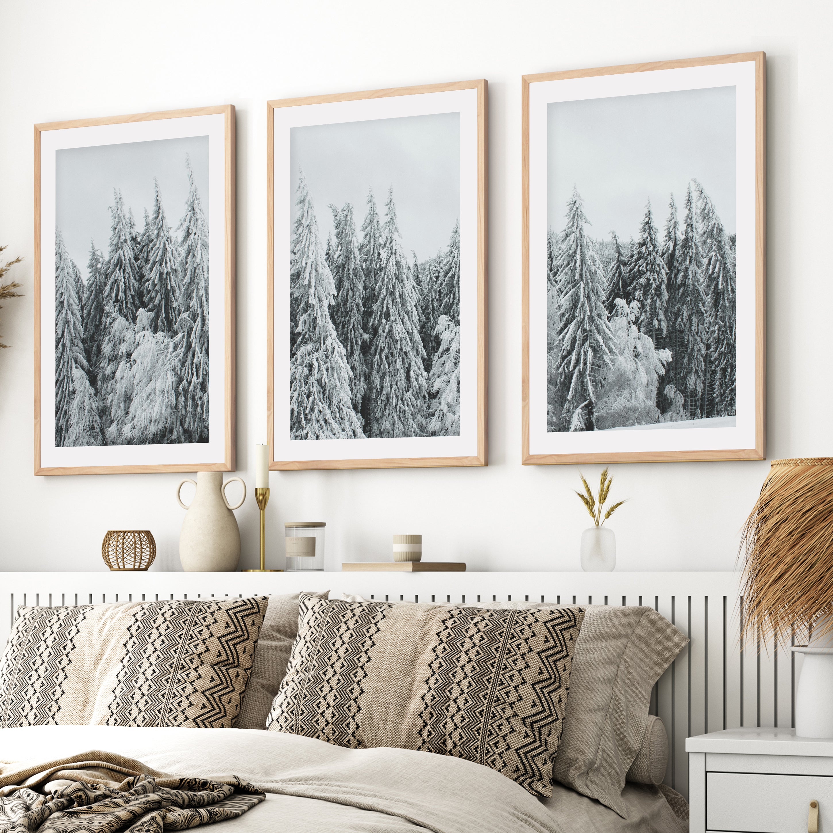 Winter Wall Art Triptych – Snowy Pine Forest Photography- Natural Wood Framed Poster with White Border - Artworksets