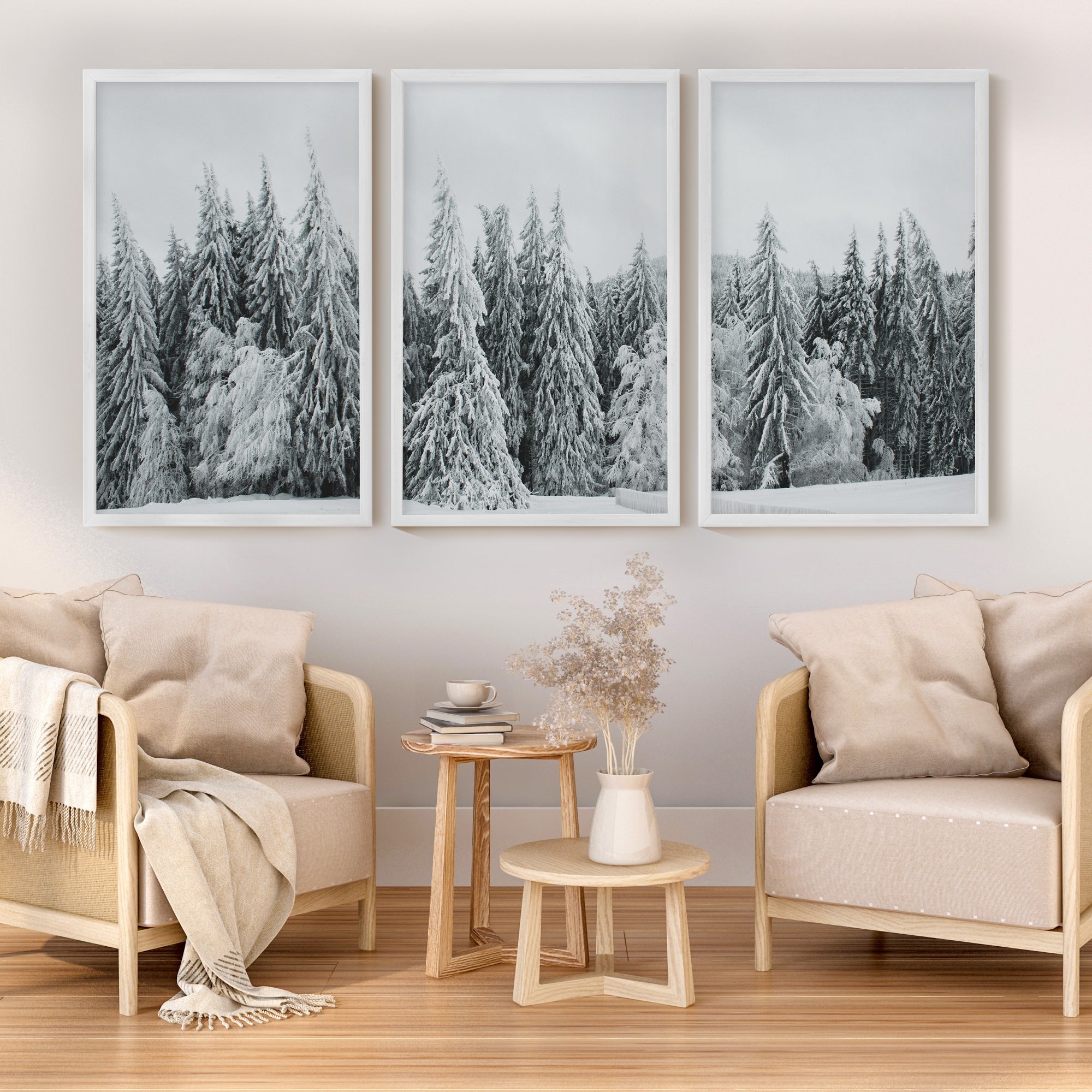 Winter Wall Art Triptych – Snowy Pine Forest Photography - White Framed Poster No Border - Artworksets