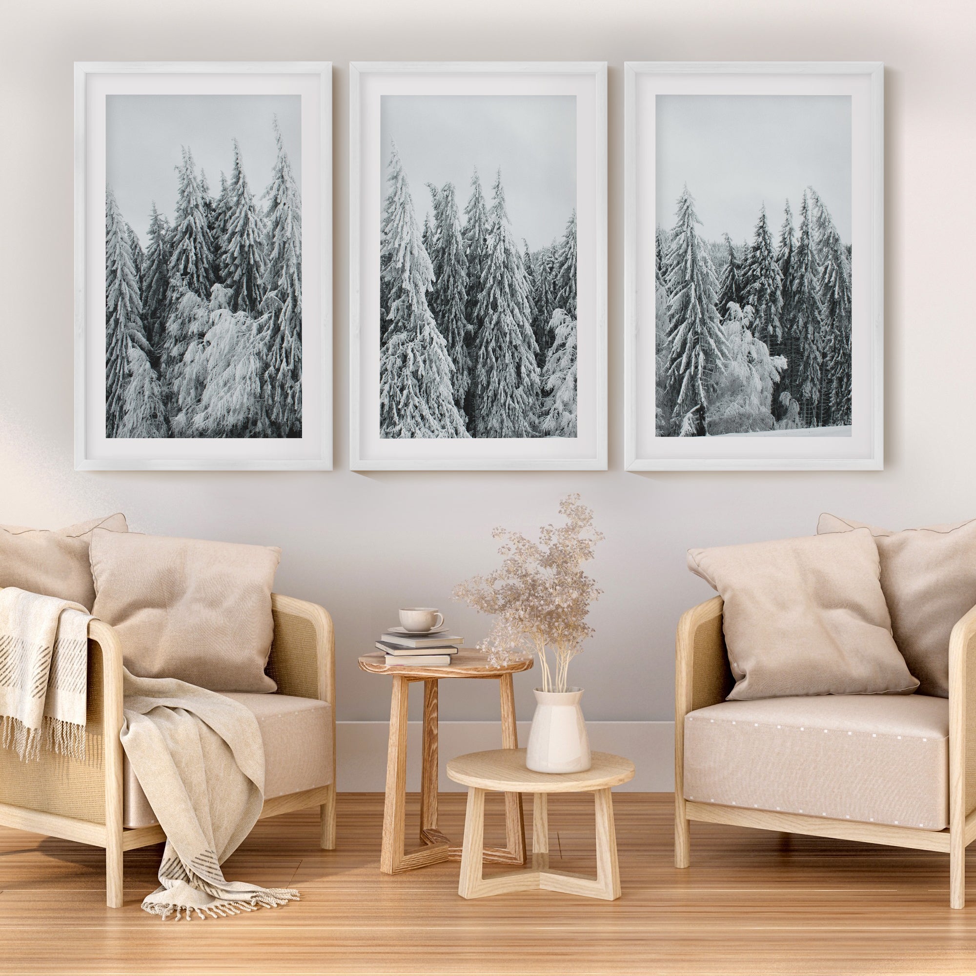 Winter Wall Art Triptych – Snowy Pine Forest Photography - White Framed Poster with White Border - Artworksets