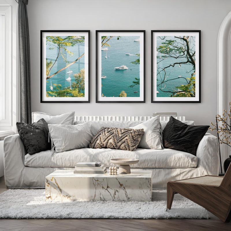 Bay Boats Wooden Seaside Wall Art - Black Framed Poster with White Border - Artworksets