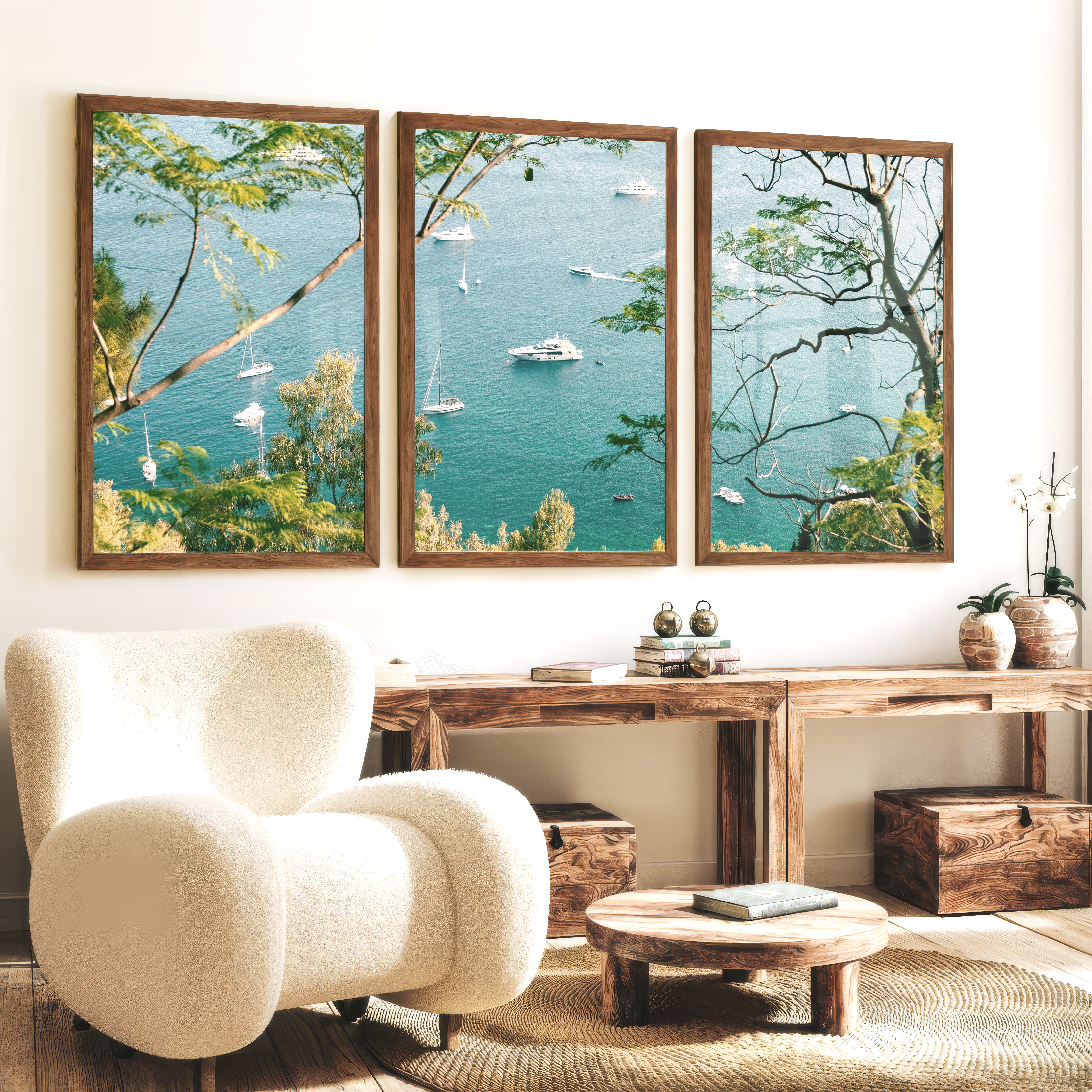 Bay Boats Wooden Seaside Wall Art - Dark Brown Framed Poster No Border - Artworksets