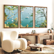 Bay Boats Wooden Seaside Wall Art - Dark Brown Framed Poster No Border - Artworksets