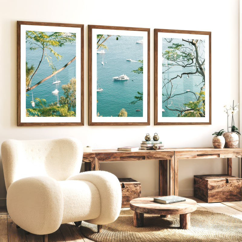 Bay Boats Wooden Seaside Wall Art - Dark Brown Framed Poster with White Border - Artworksets