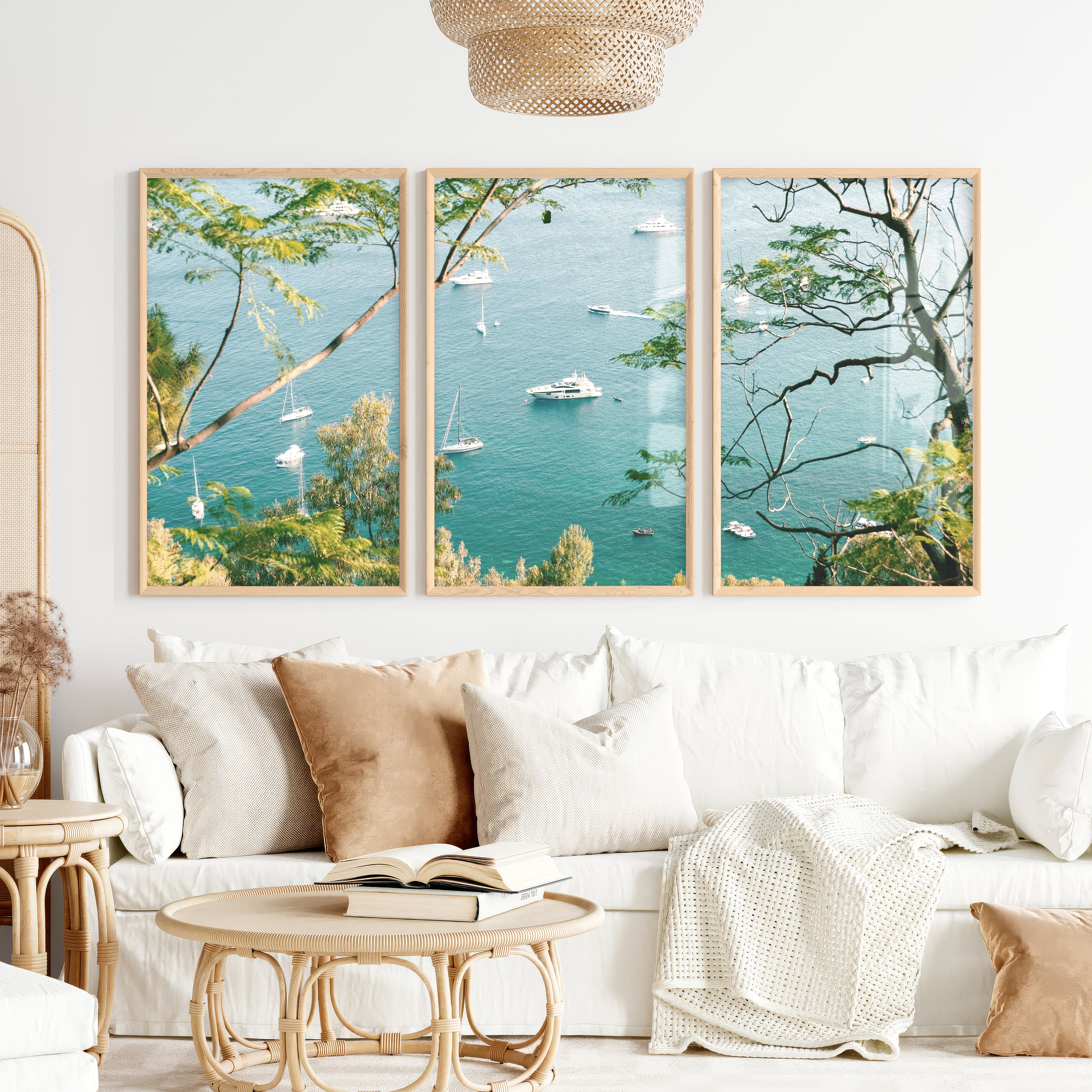 Bay Boats Wooden Seaside Wall Art - Natural Wood Framed Poster No Border - Artworksets