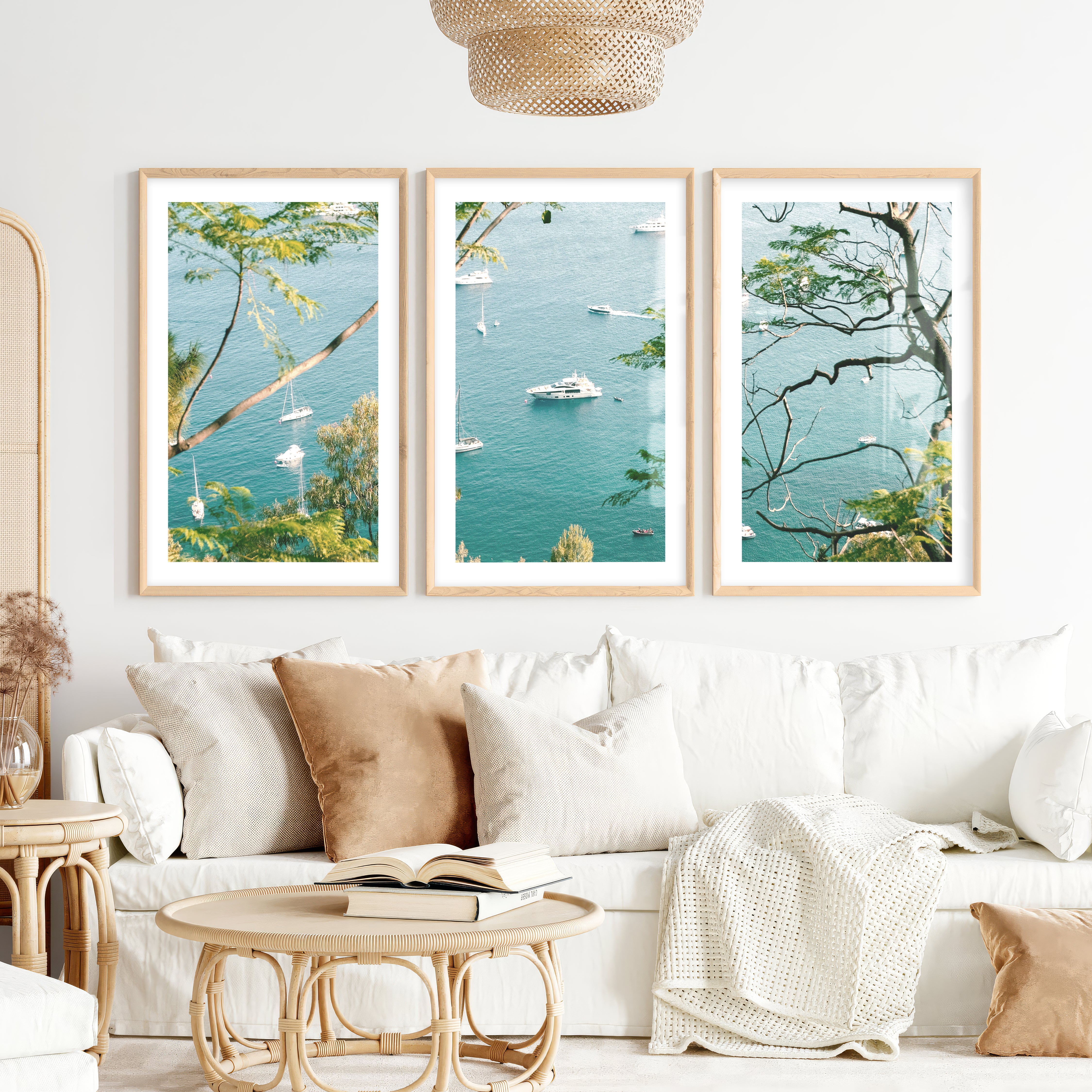 Bay Boats Wooden Seaside Wall Art- Natural Wood Framed Poster with White Border - Artworksets