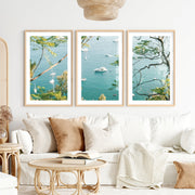 Bay Boats Wooden Seaside Wall Art- Natural Wood Framed Poster with White Border - Artworksets