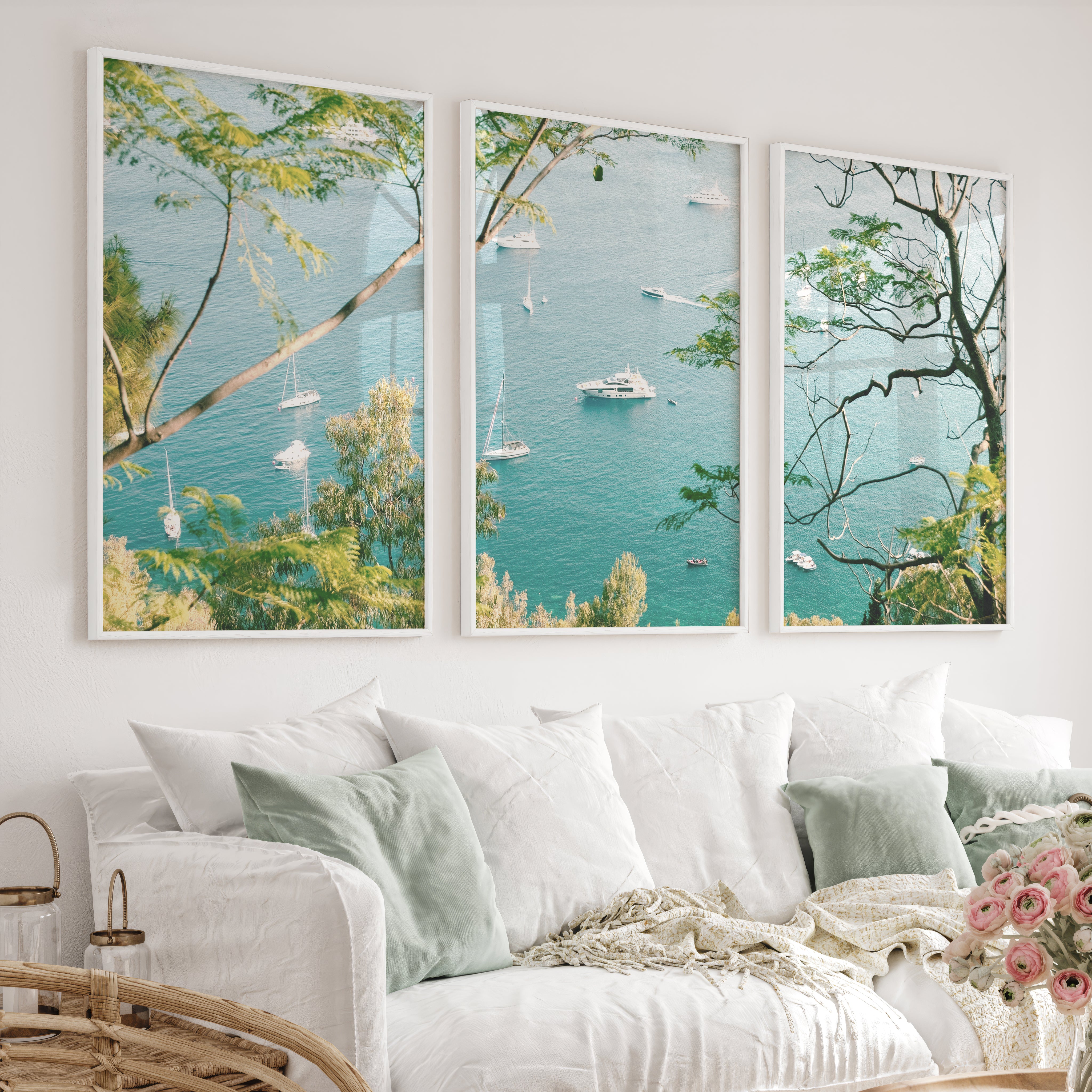 Bay Boats Wooden Seaside Wall Art - White Framed Poster No Border - Artworksets
