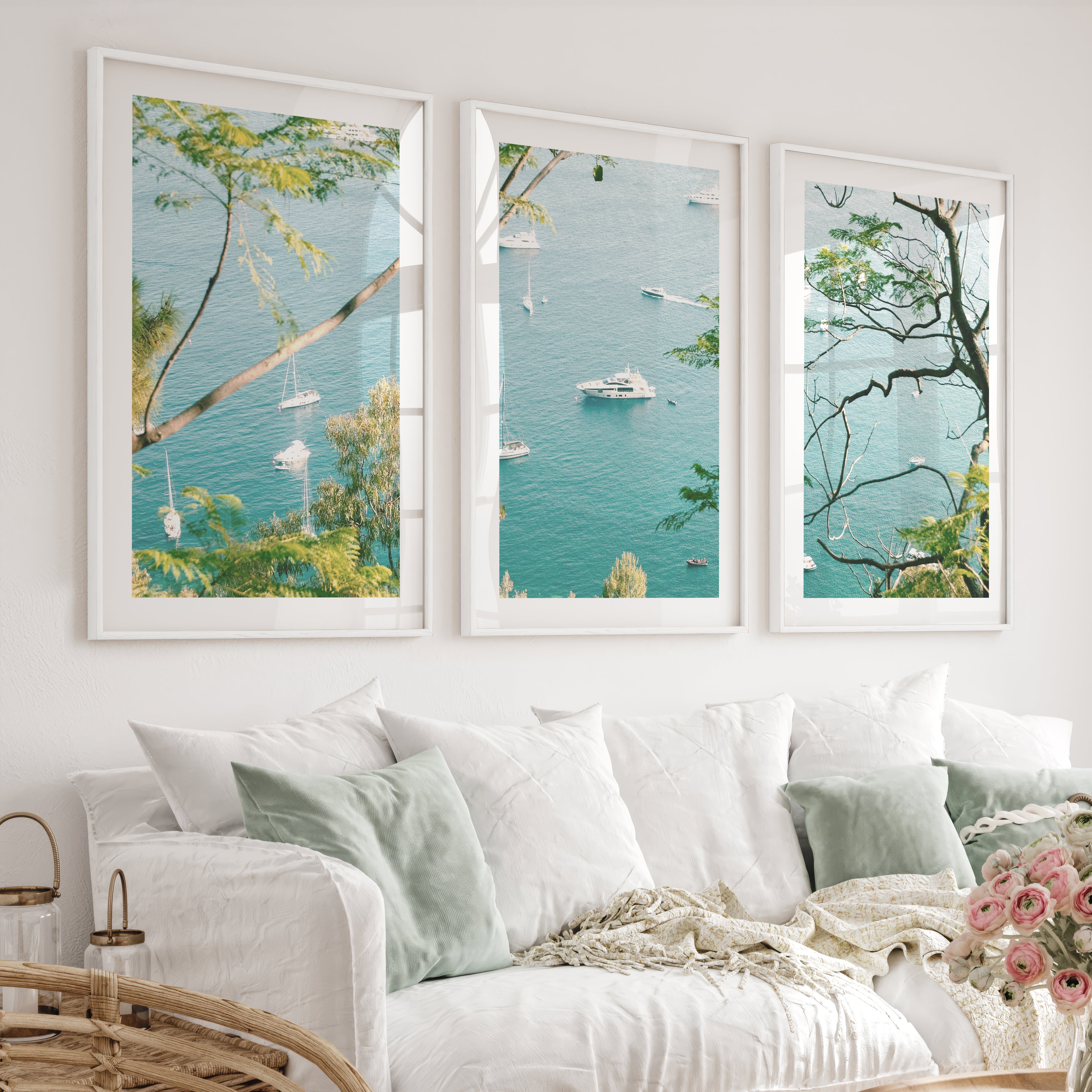 Bay Boats Wooden Seaside Wall Art - White Framed Poster with White Border - Artworksets