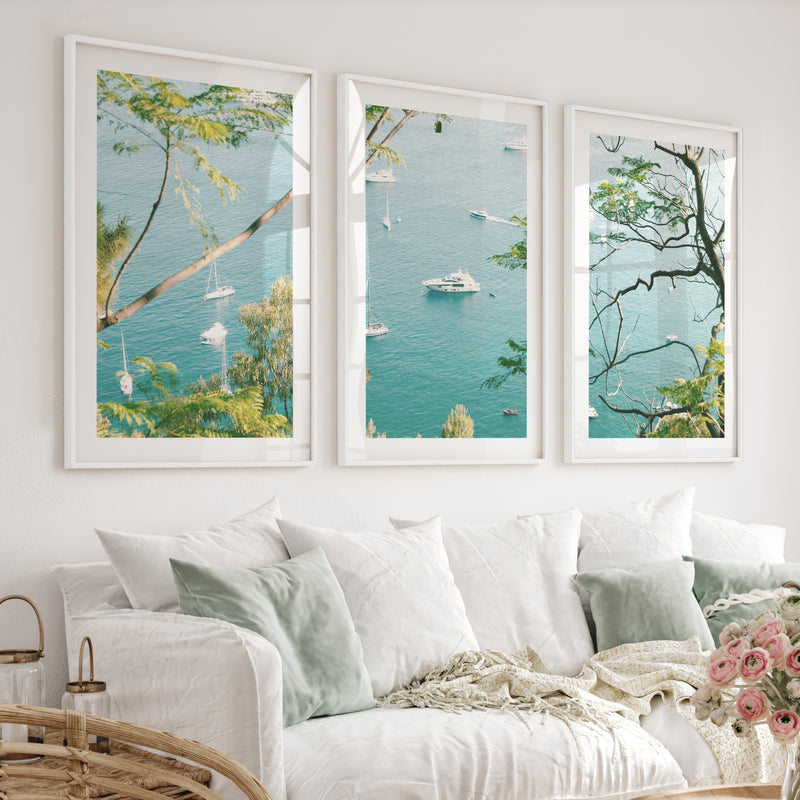 Bay Boats Wooden Seaside Wall Art - White Framed Poster with White Border - Artworksets