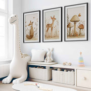 Woodland Animal Pictures for Nursery – Fox, Deer & Mushrooms - Black Framed Poster with White Border - Artworksets