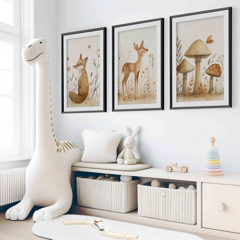 Woodland Animal Pictures for Nursery – Fox, Deer & Mushrooms - Black Framed Poster with White Border - Artworksets