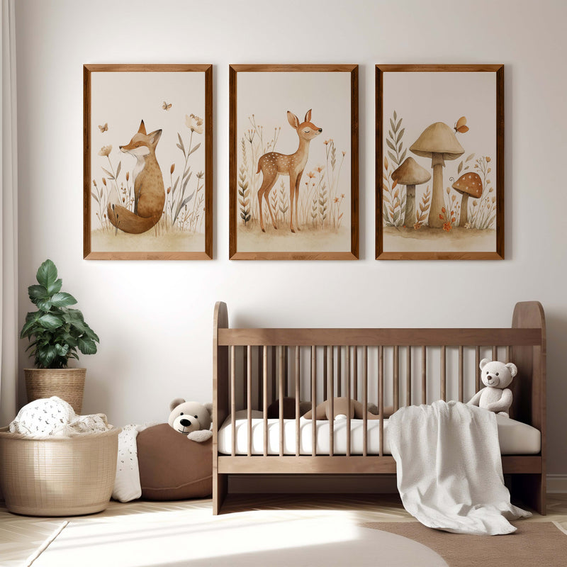 Woodland Animal Pictures for Nursery – Fox, Deer & Mushrooms - Dark Brown Framed Poster No Border - Artworksets