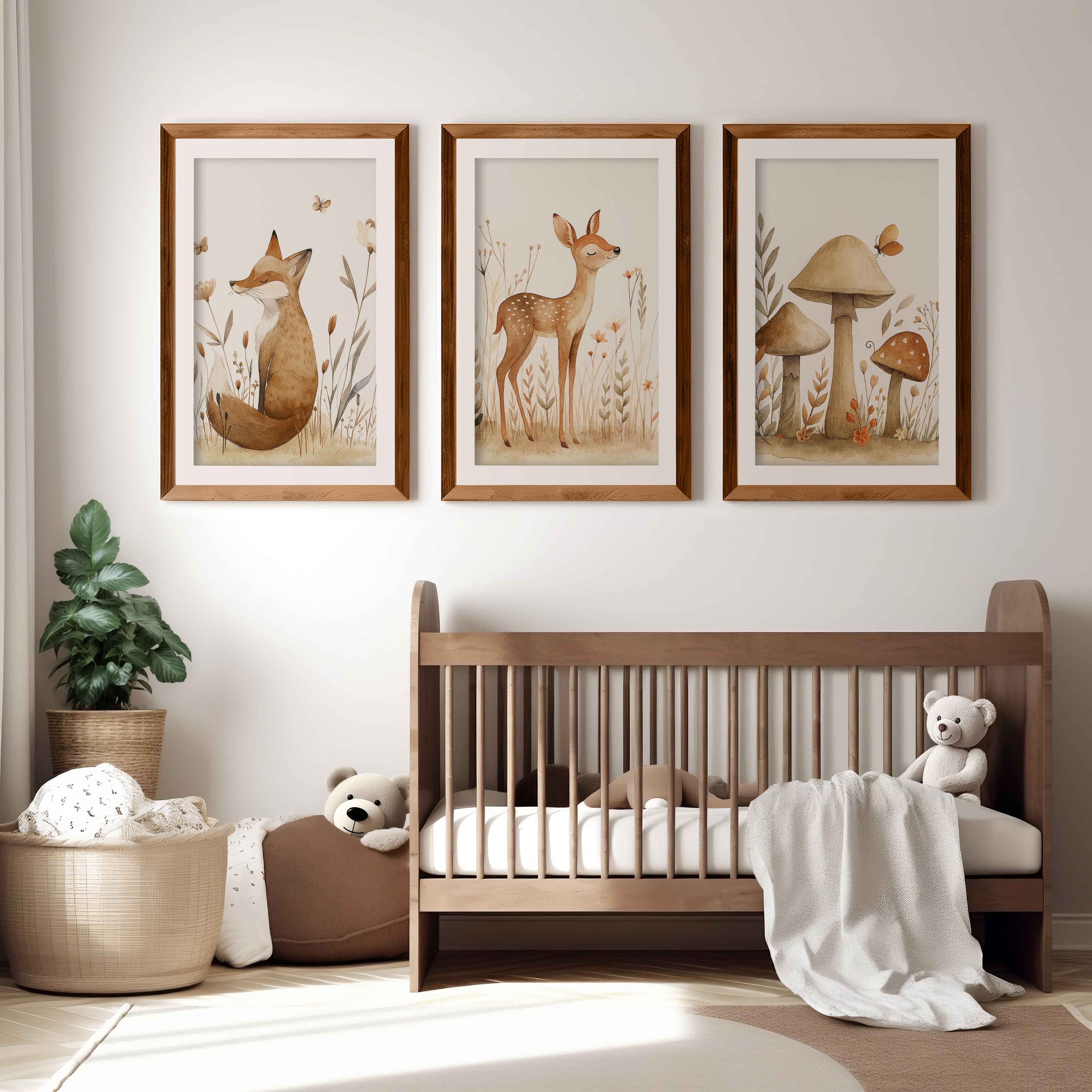 Woodland Animal Pictures for Nursery – Fox, Deer & Mushrooms - Dark Brown Framed Poster with White Border - Artworksets