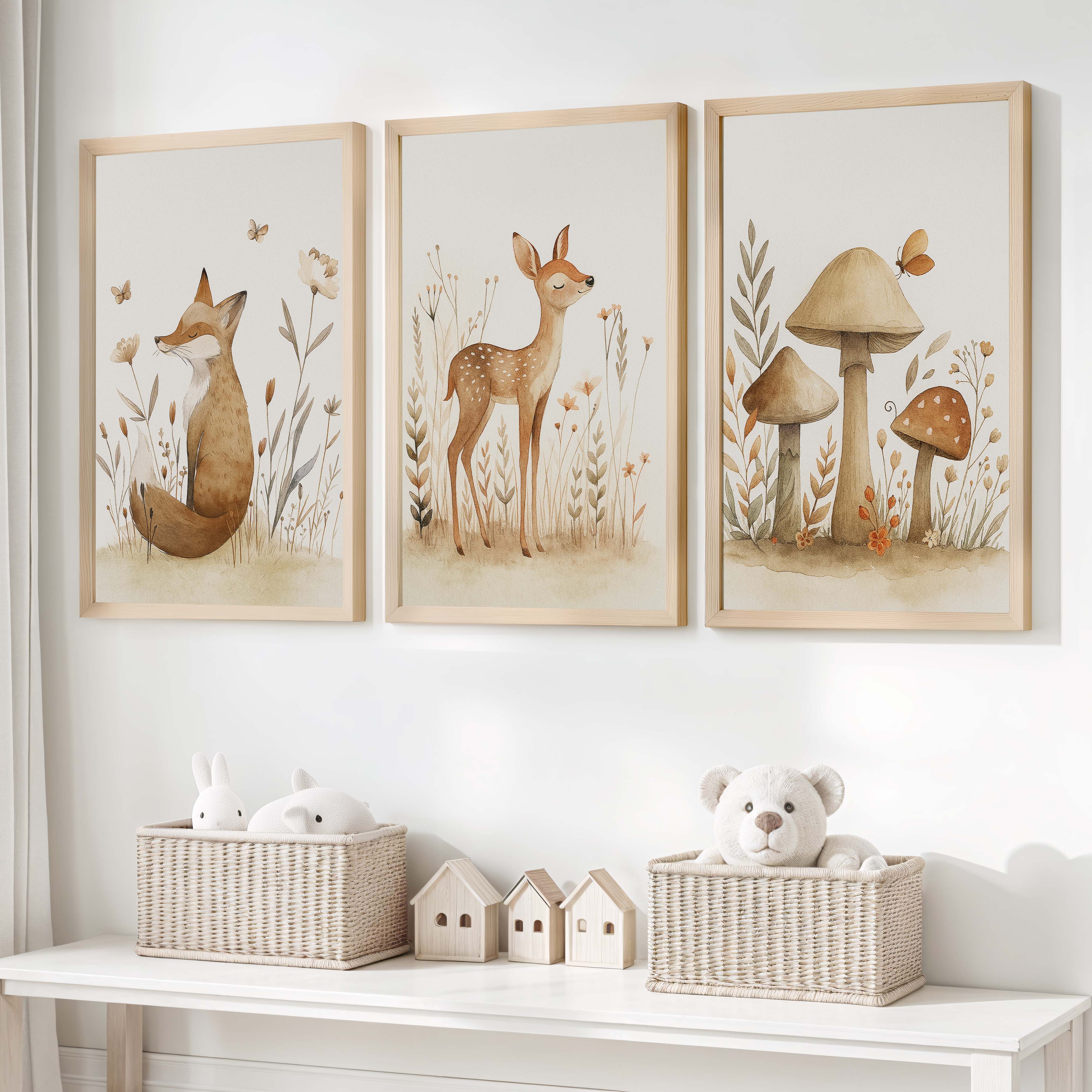 Woodland Animal Pictures for Nursery – Fox, Deer & Mushrooms - Natural Wood Framed Poster No Border - Artworksets