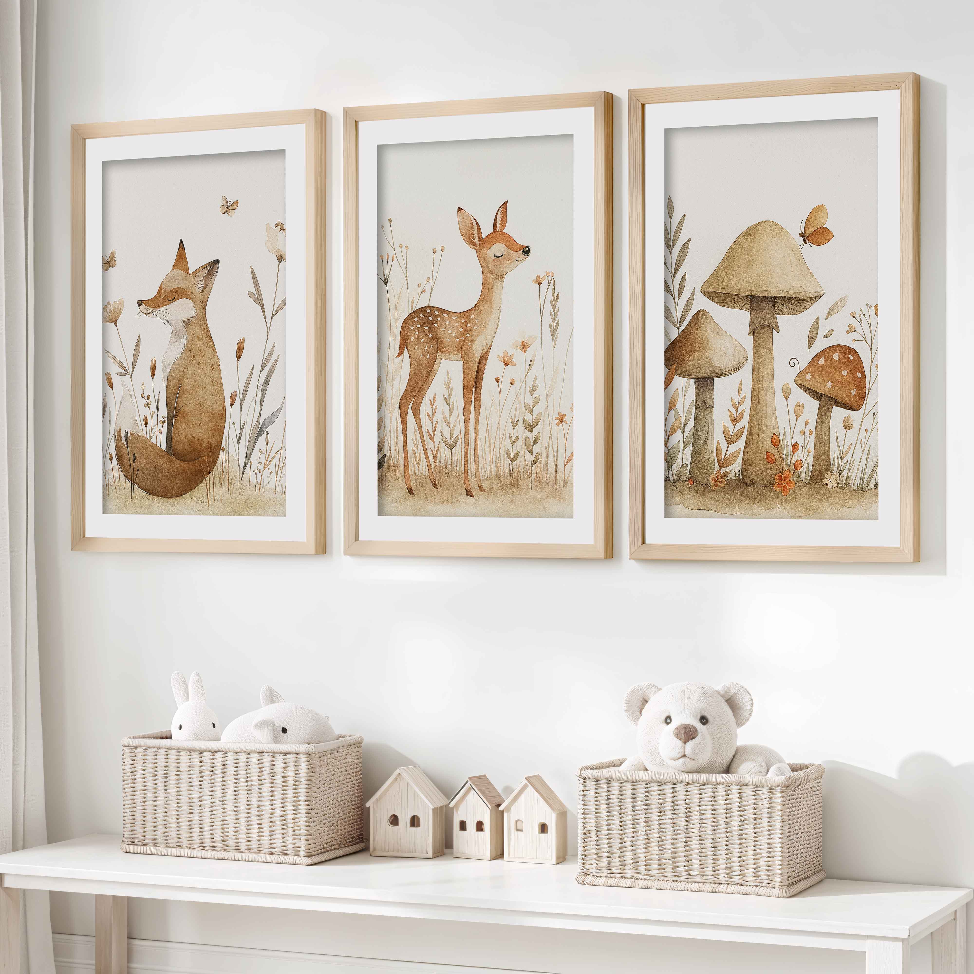 Woodland Animal Pictures for Nursery – Fox, Deer & Mushrooms- Natural Wood Framed Poster with White Border - Artworksets