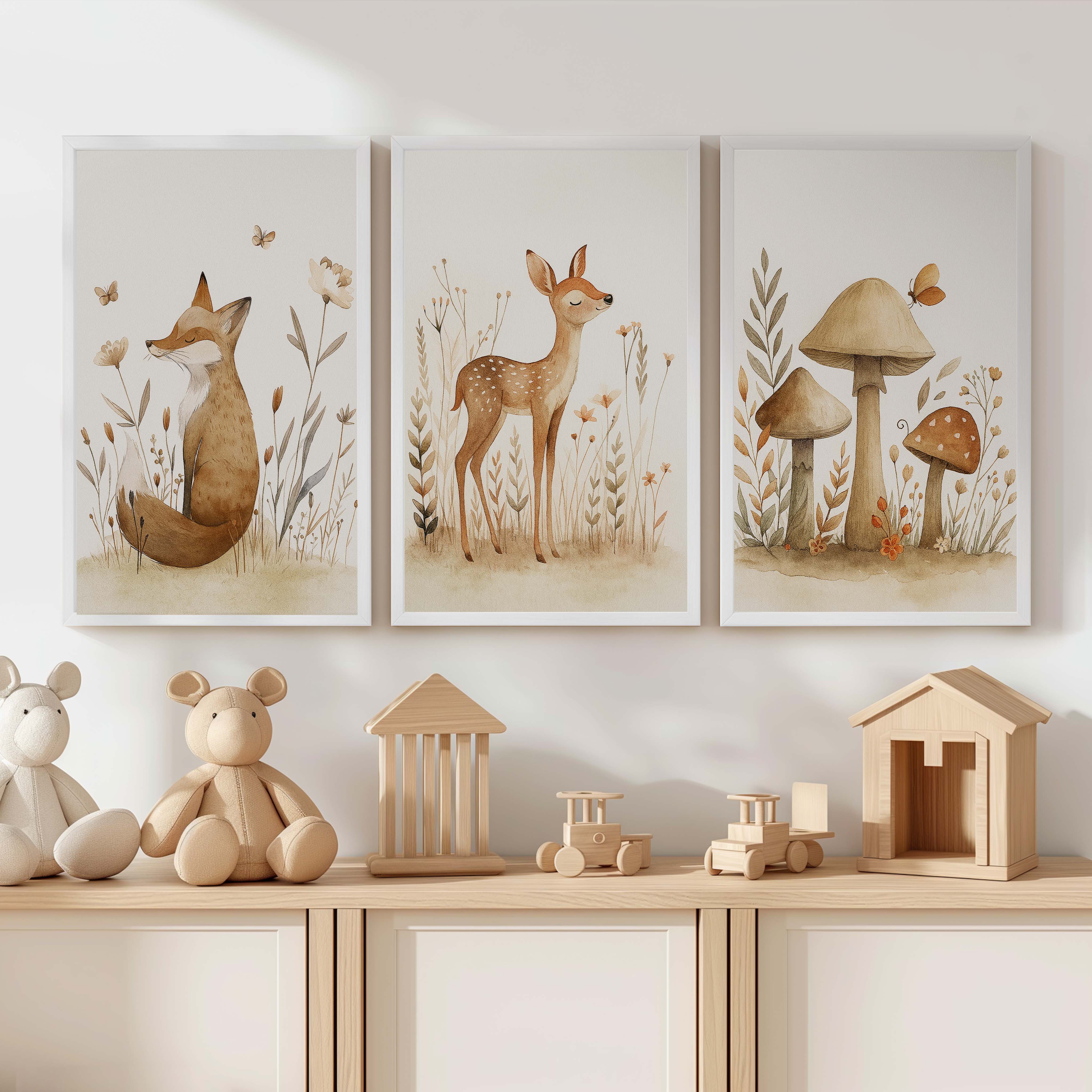 Woodland Animal Pictures for Nursery – Fox, Deer & Mushrooms - White Framed Poster No Border - Artworksets