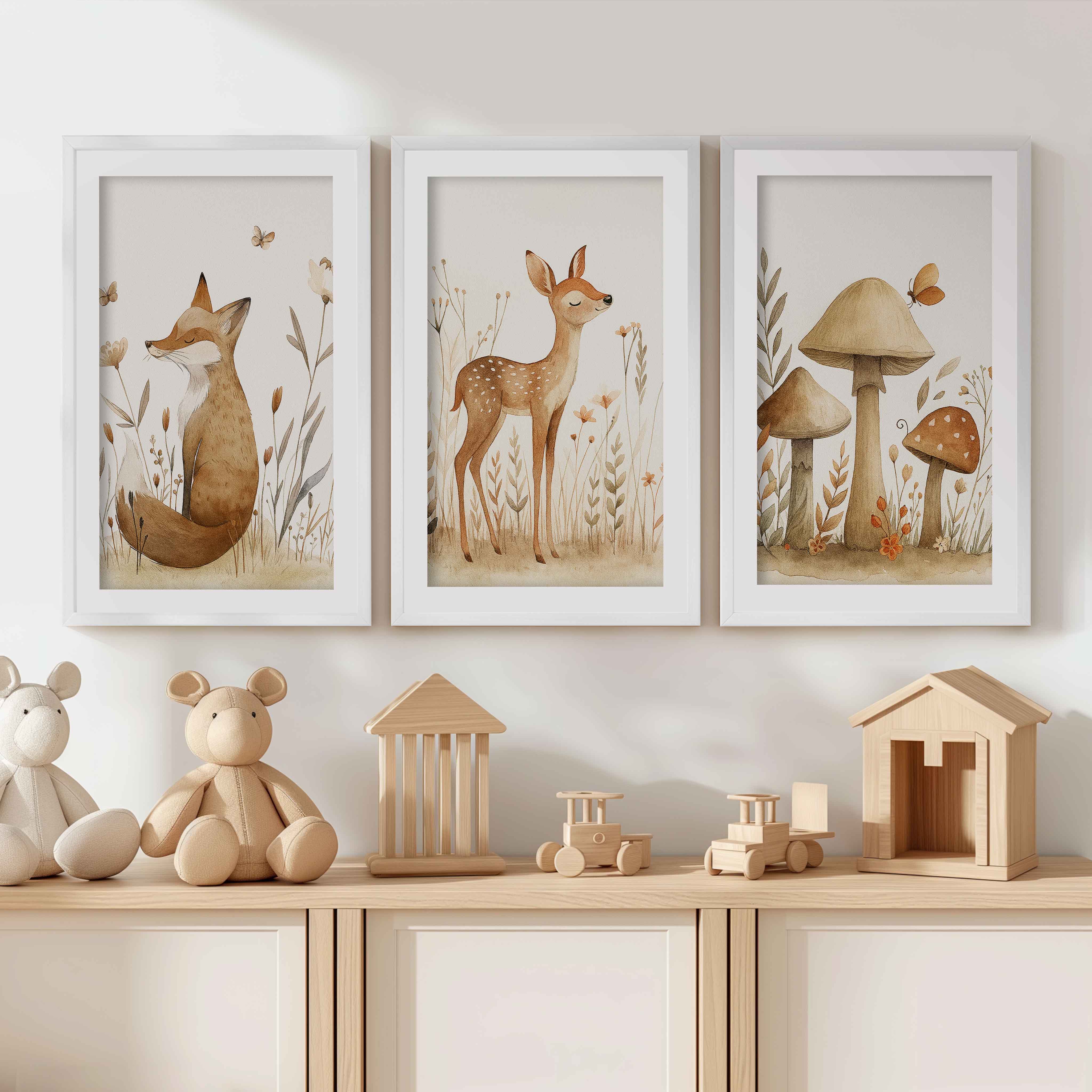 Woodland Animal Pictures for Nursery – Fox, Deer & Mushrooms - White Framed Poster with White Border - Artworksets