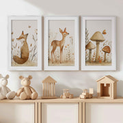 Woodland Animal Pictures for Nursery – Fox, Deer & Mushrooms - White Framed Poster with White Border - Artworksets