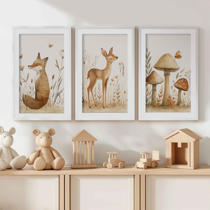 Woodland Animal Pictures for Nursery – Fox, Deer & Mushrooms - White Framed Poster with White Border - Artworksets