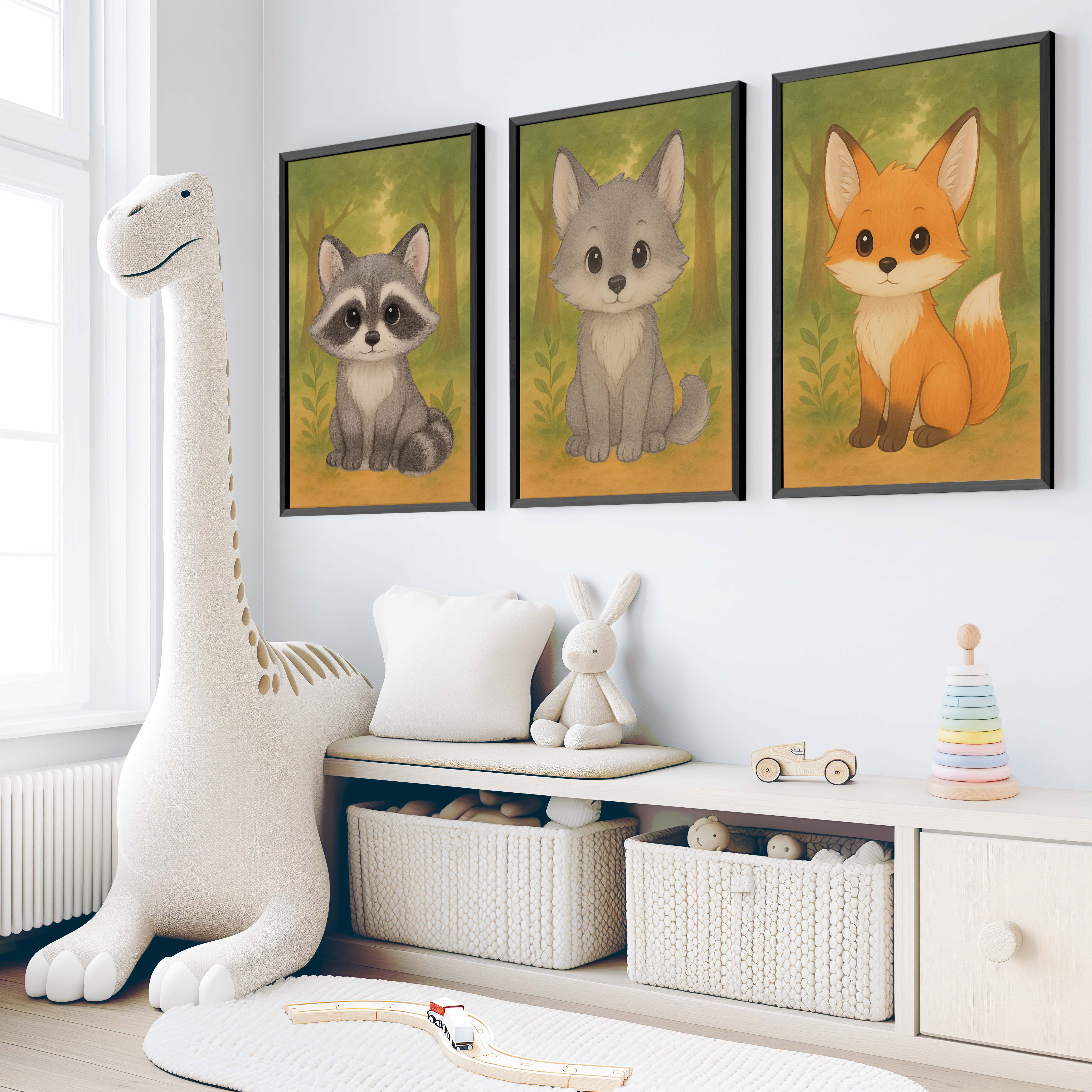 Woodland Nursery Art – Baby Fox, Wolf & Raccoon (Set of 3) - Black Framed Poster No Border - Artworksets