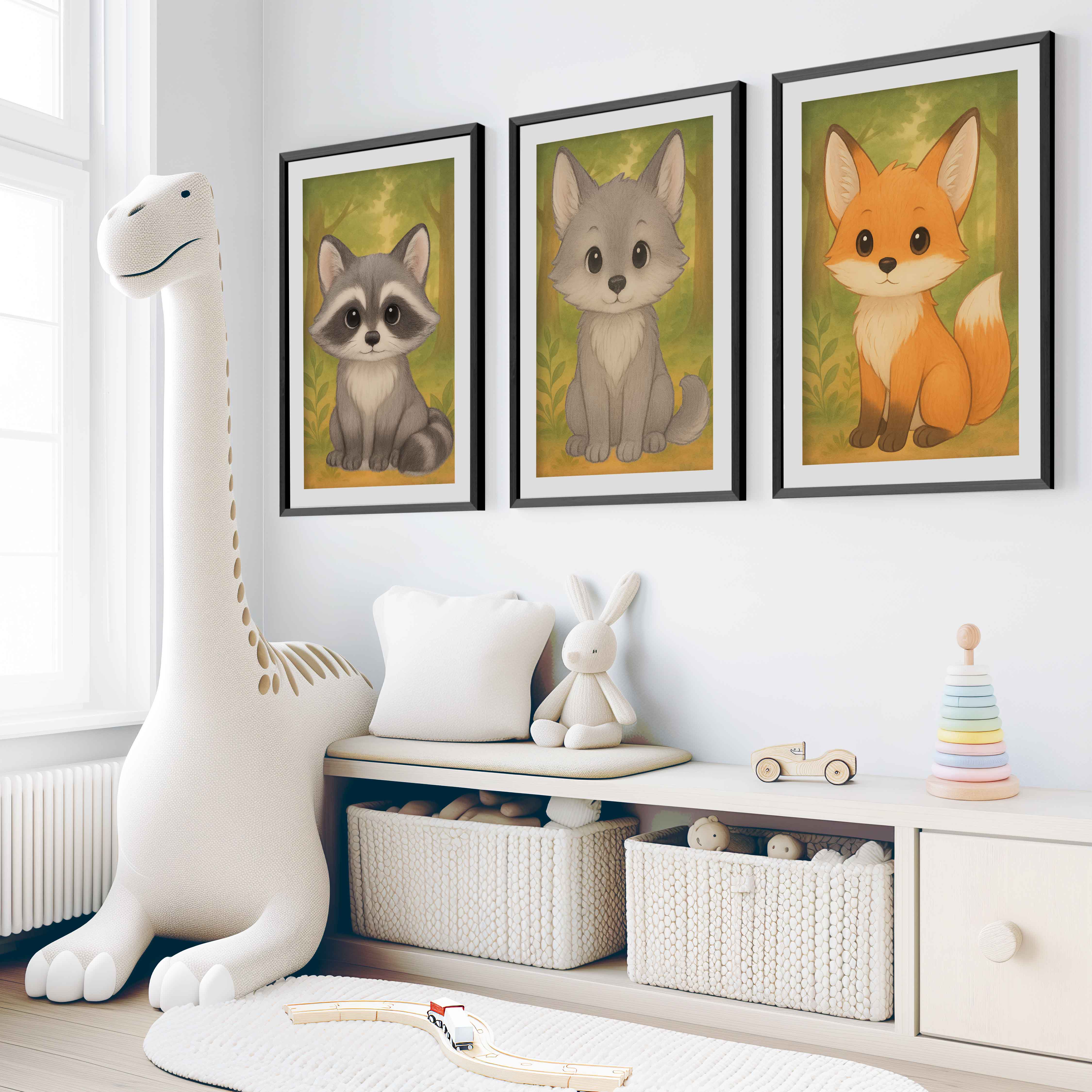 Woodland Nursery Art – Baby Fox, Wolf & Raccoon (Set of 3) - Black Framed Poster with White Border - Artworksets