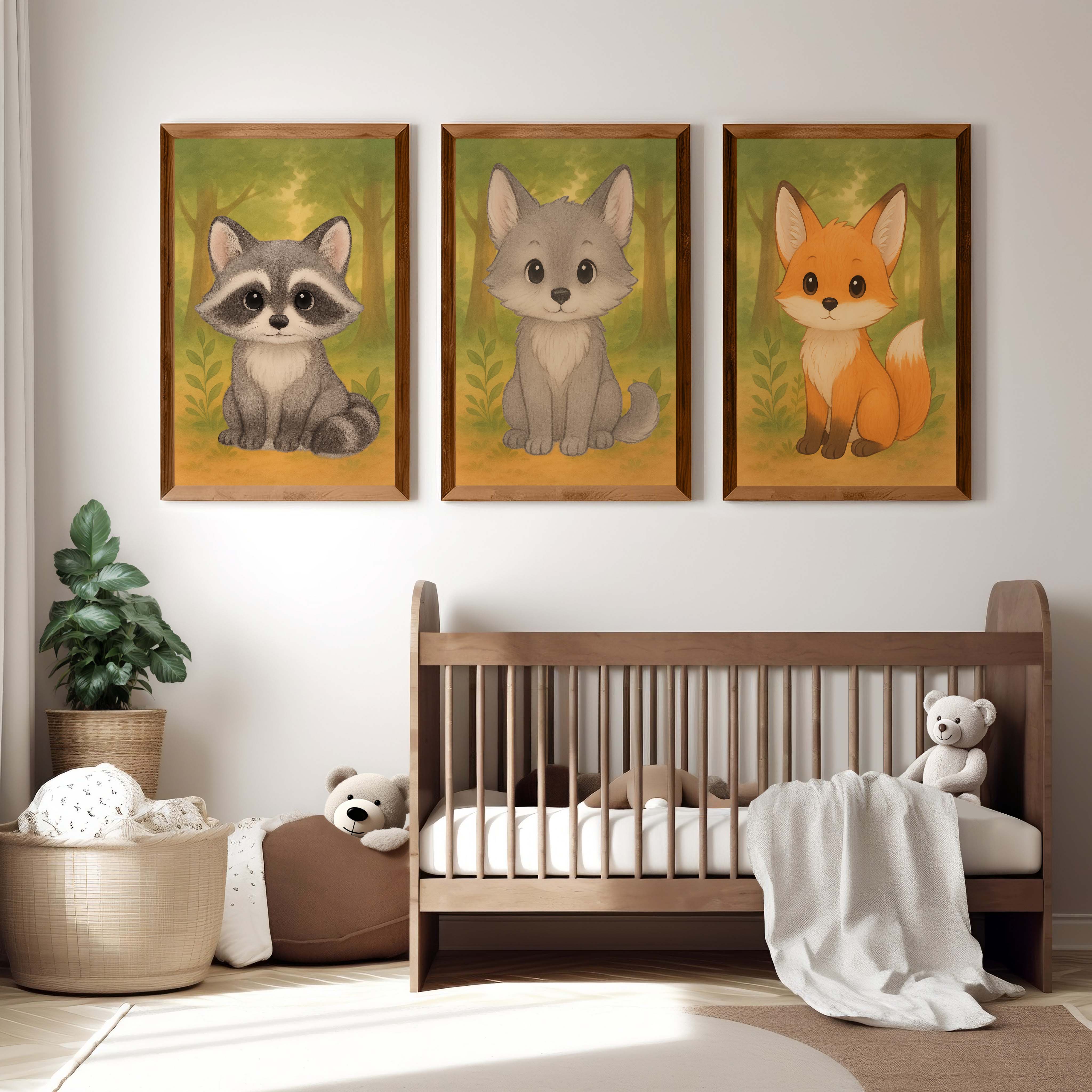Woodland Nursery Art – Baby Fox, Wolf & Raccoon (Set of 3) - Dark Brown Framed Poster No Border - Artworksets