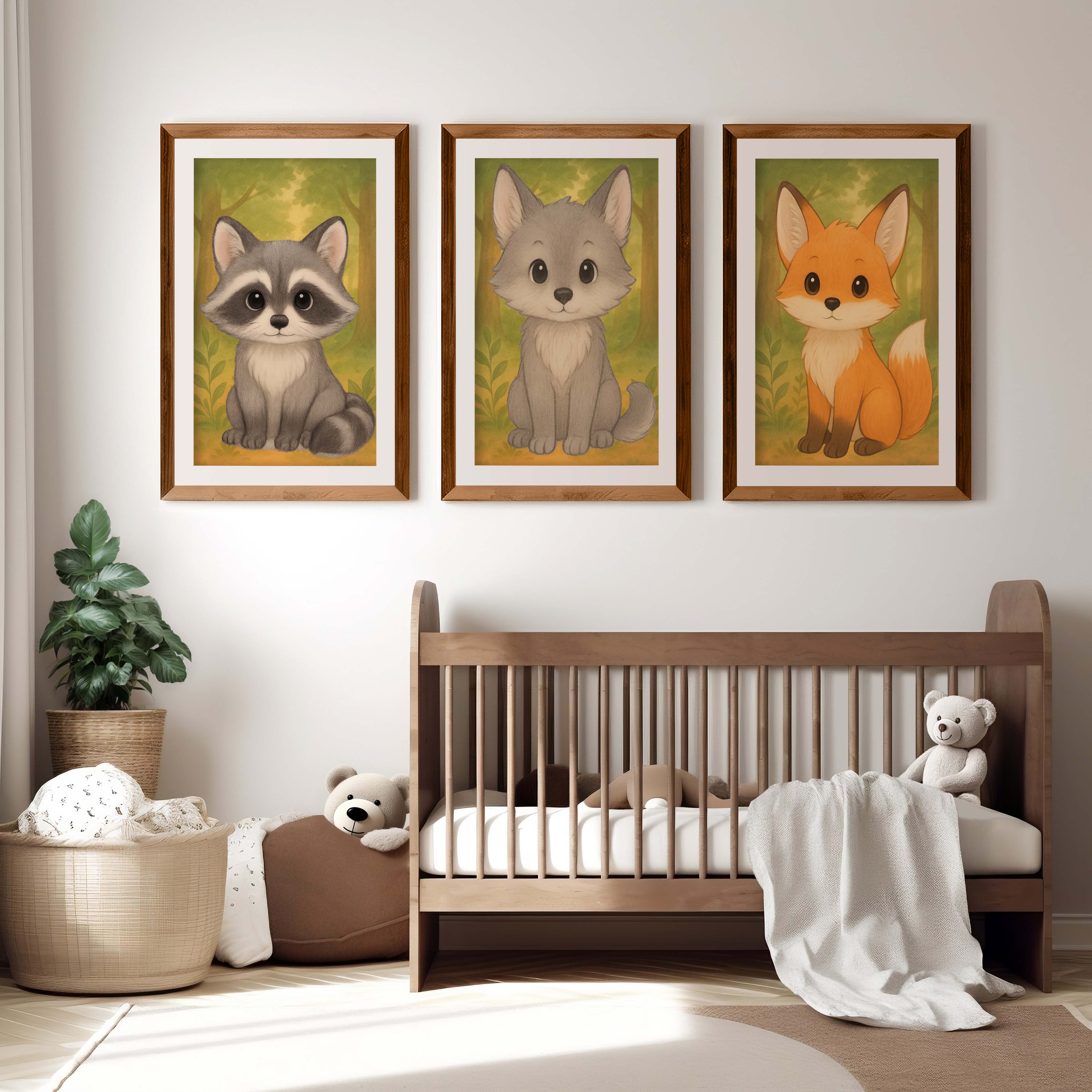 Woodland Nursery Art – Baby Fox, Wolf & Raccoon (Set of 3) - Dark Brown Framed Poster with White Border - Artworksets