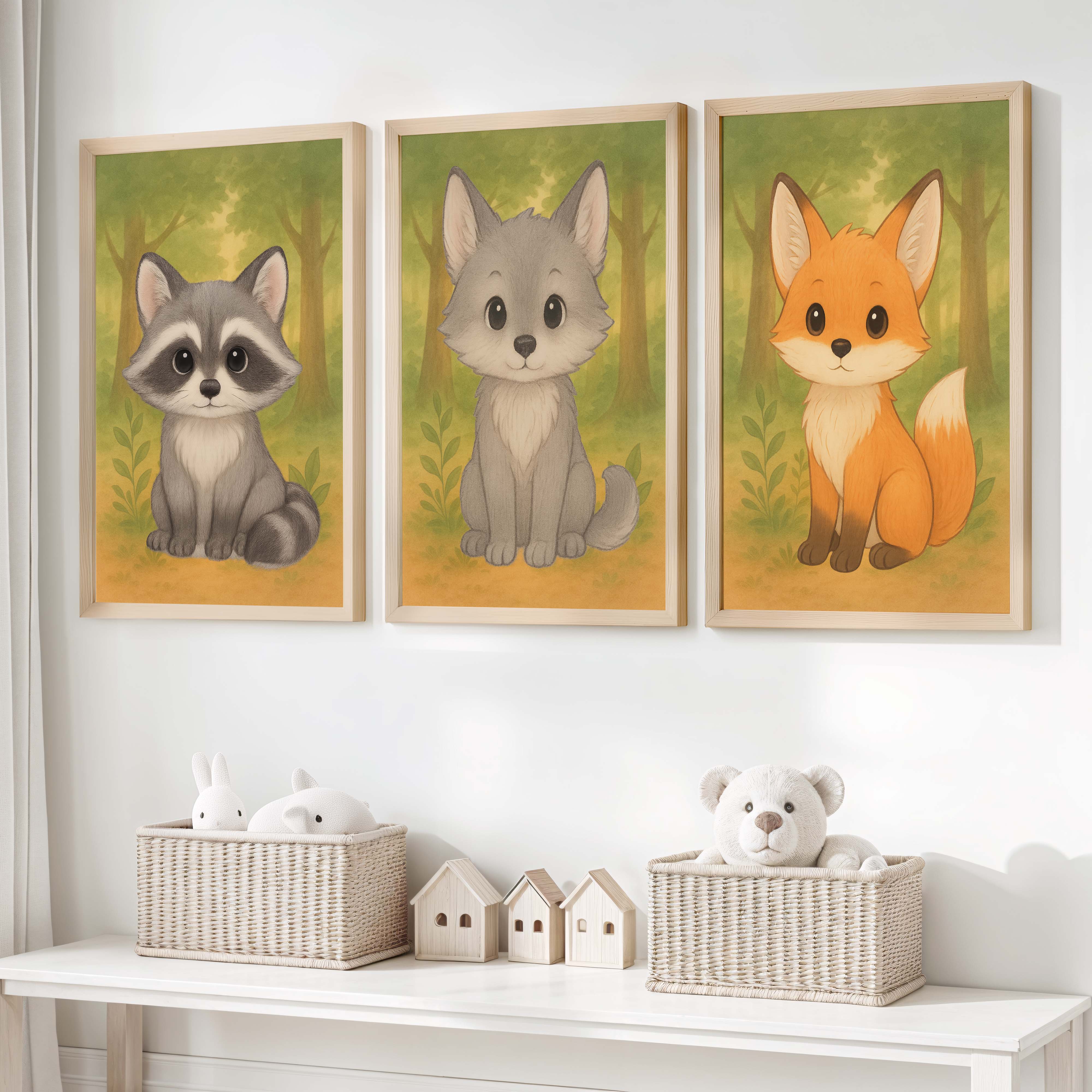 Woodland Nursery Art – Baby Fox, Wolf & Raccoon (Set of 3) - Natural Wood Framed Poster No Border - Artworksets