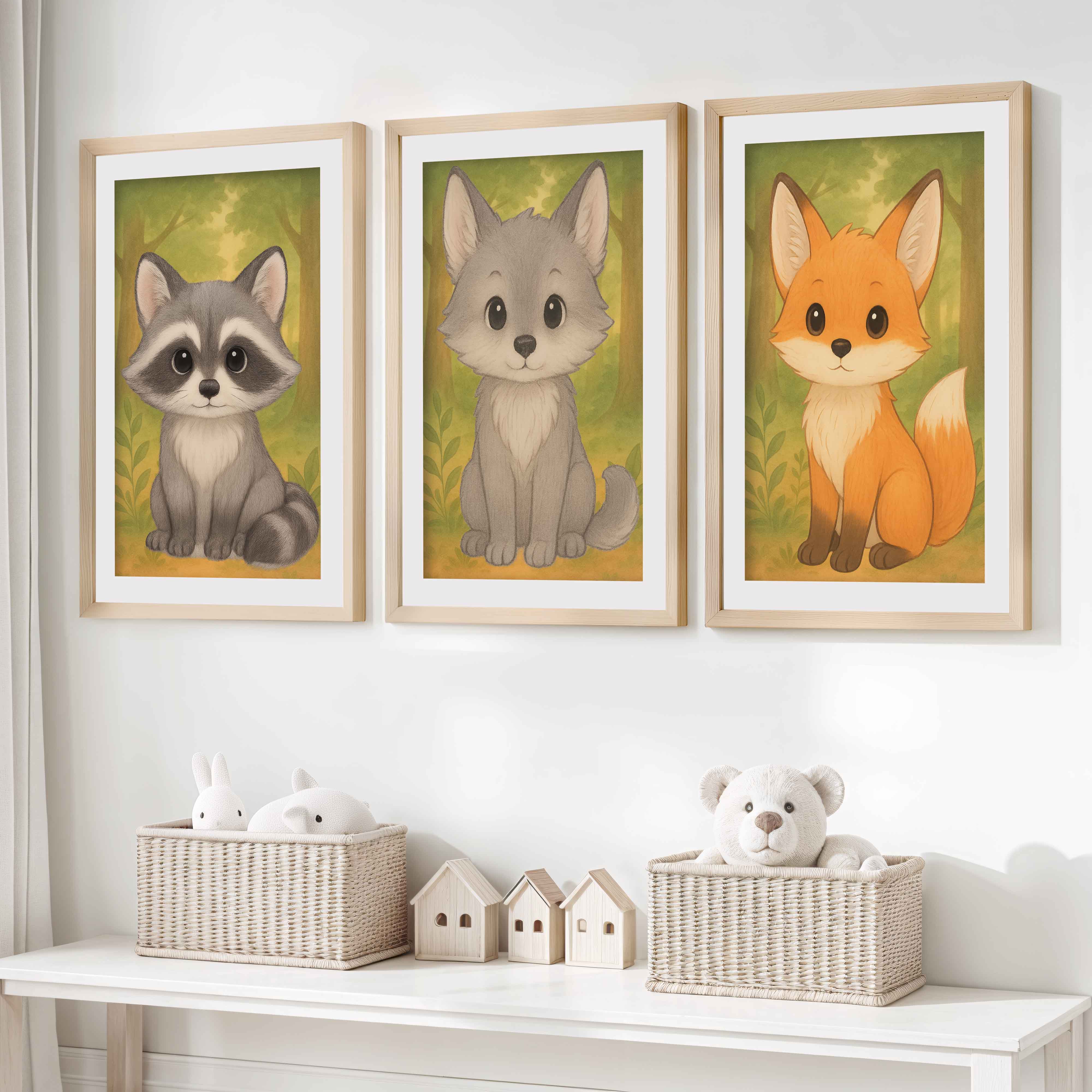 Woodland Nursery Art – Baby Fox, Wolf & Raccoon (Set of 3)- Natural Wood Framed Poster with White Border - Artworksets