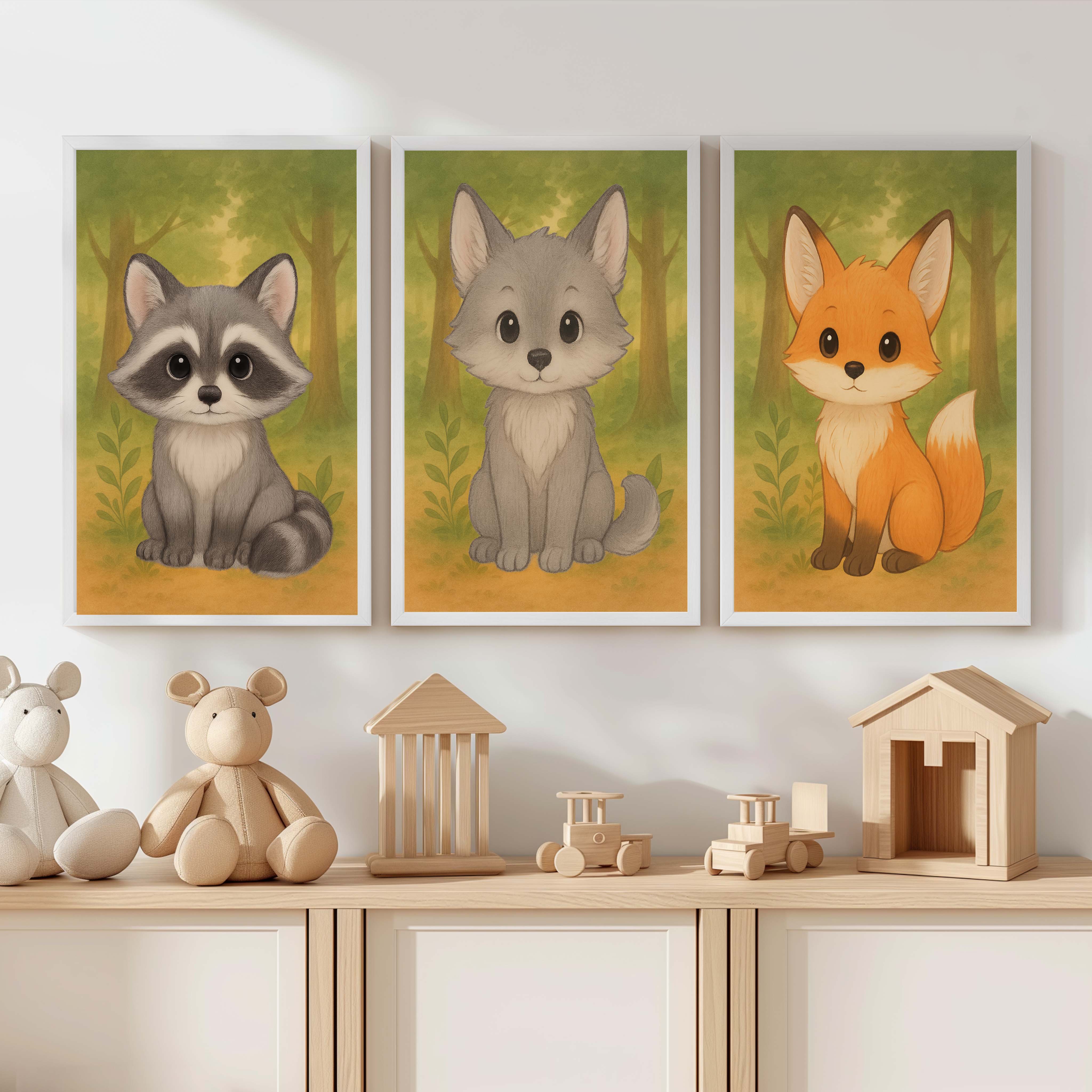 Woodland Nursery Art – Baby Fox, Wolf & Raccoon (Set of 3) - White Framed Poster No Border - Artworksets
