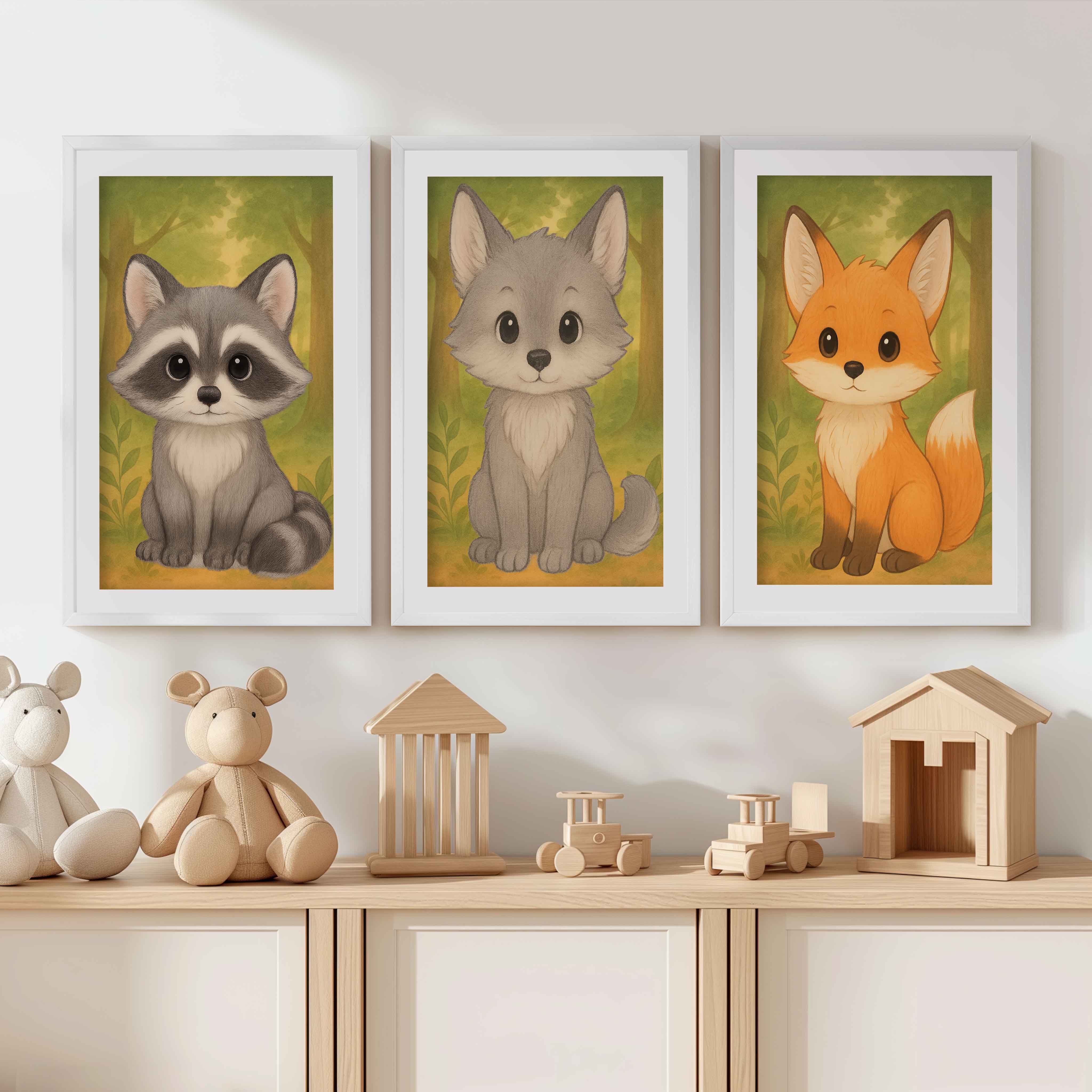 Woodland Nursery Art – Baby Fox, Wolf & Raccoon (Set of 3) - White Framed Poster with White Border - Artworksets