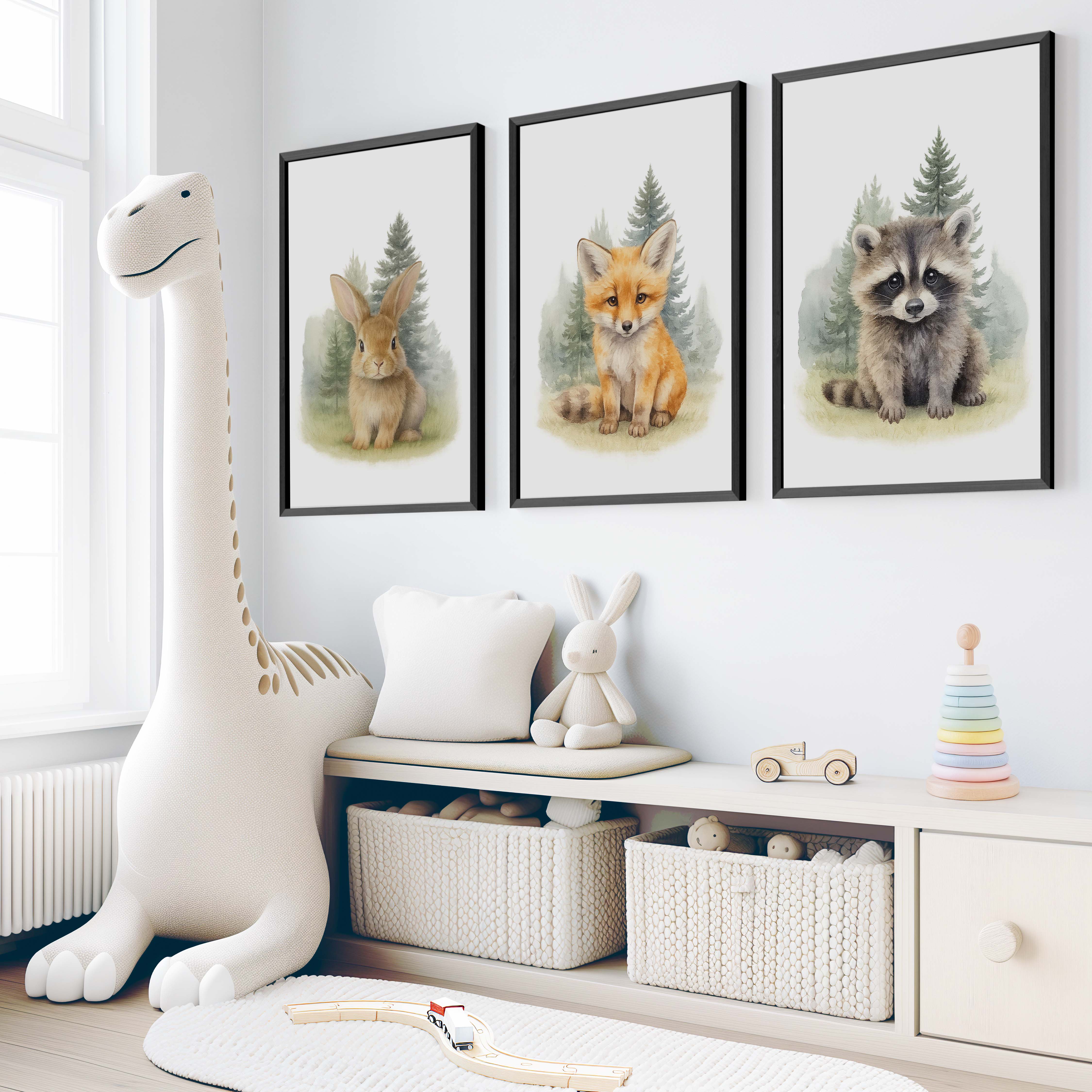 Woodland Nursery Wall Art – Bunny, Fox & Raccoon Set - Black Framed Poster No Border - Artworksets