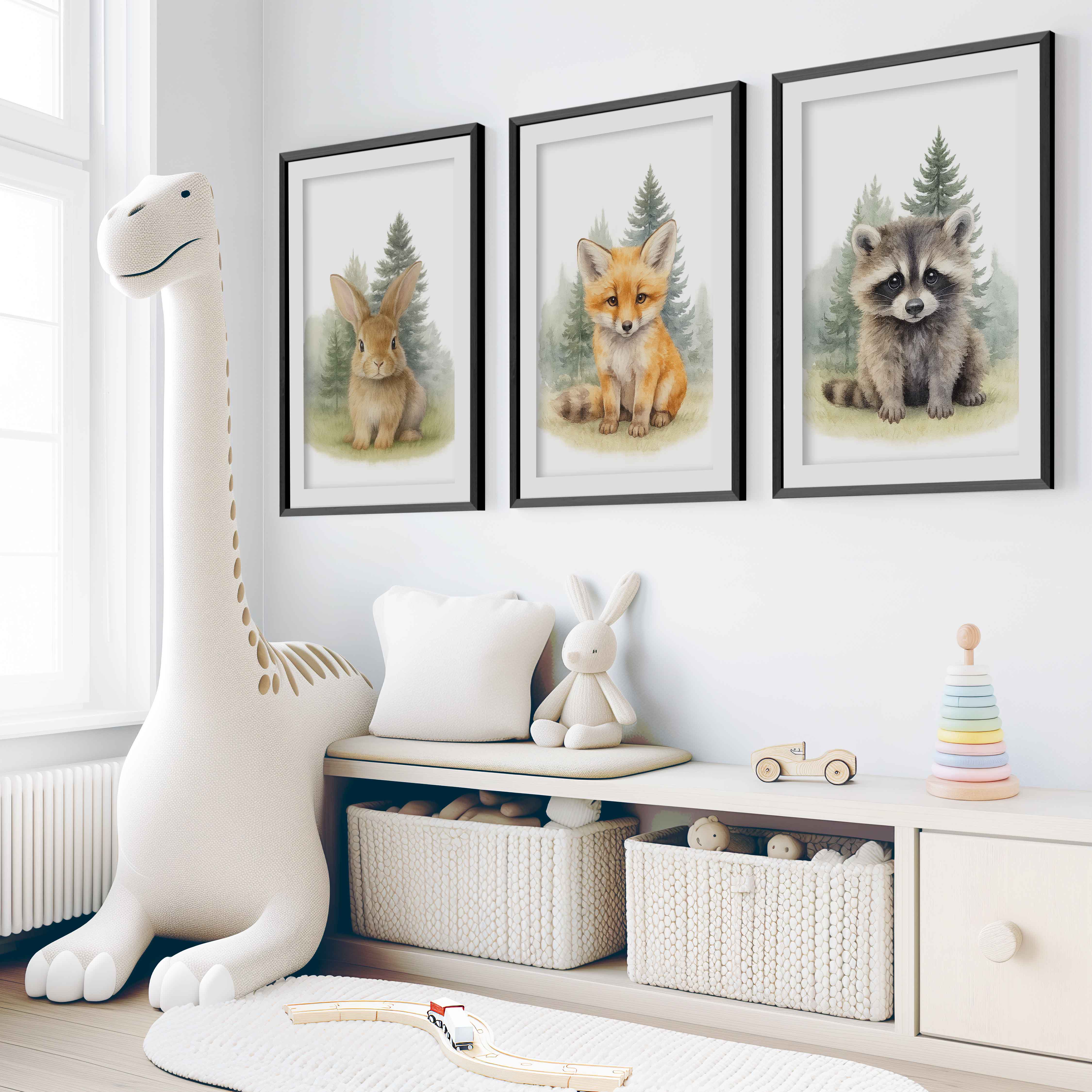 Woodland Nursery Wall Art – Bunny, Fox & Raccoon Set - Black Framed Poster with White Border - Artworksets