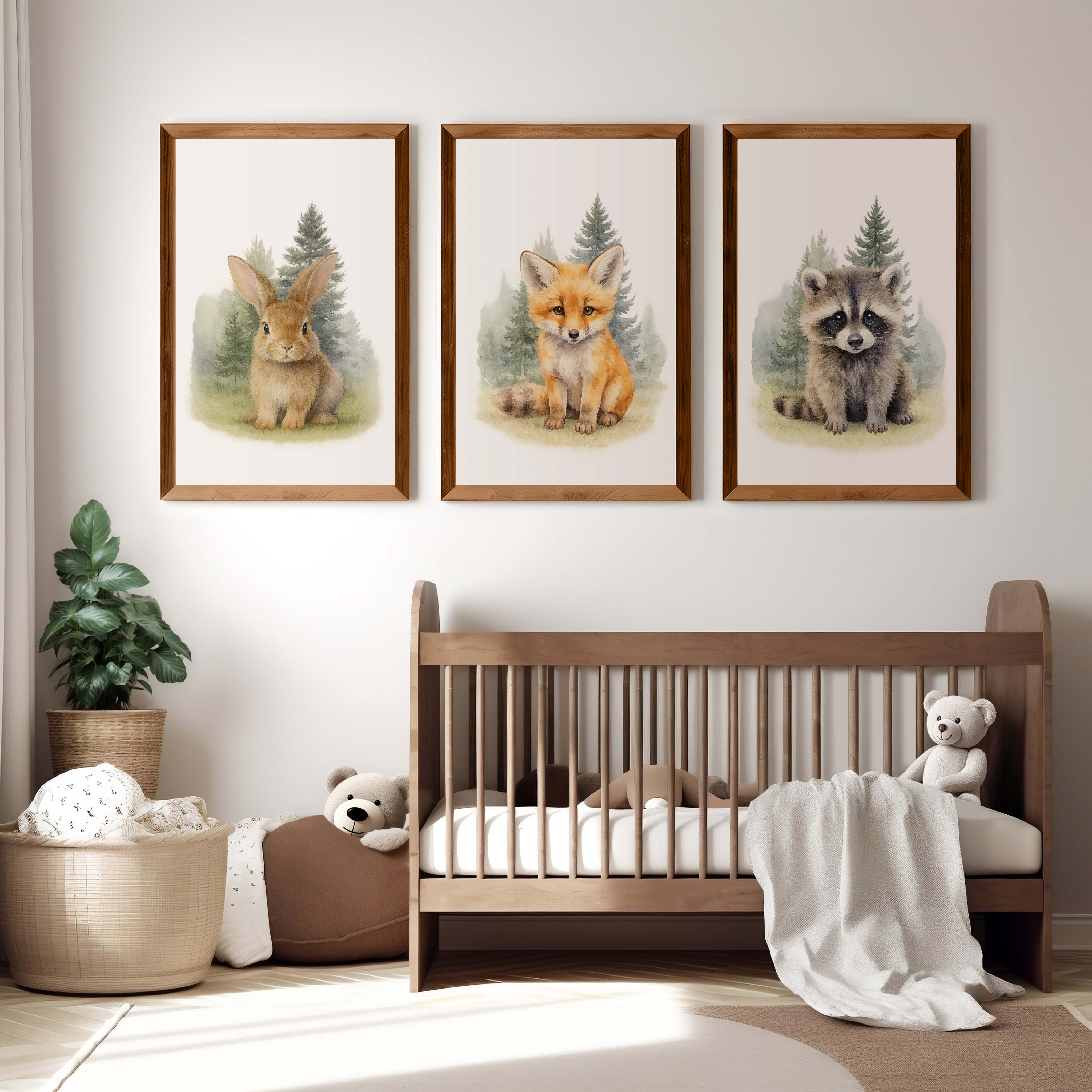 Woodland Nursery Wall Art – Bunny, Fox & Raccoon Set - Dark Brown Framed Poster No Border - Artworksets