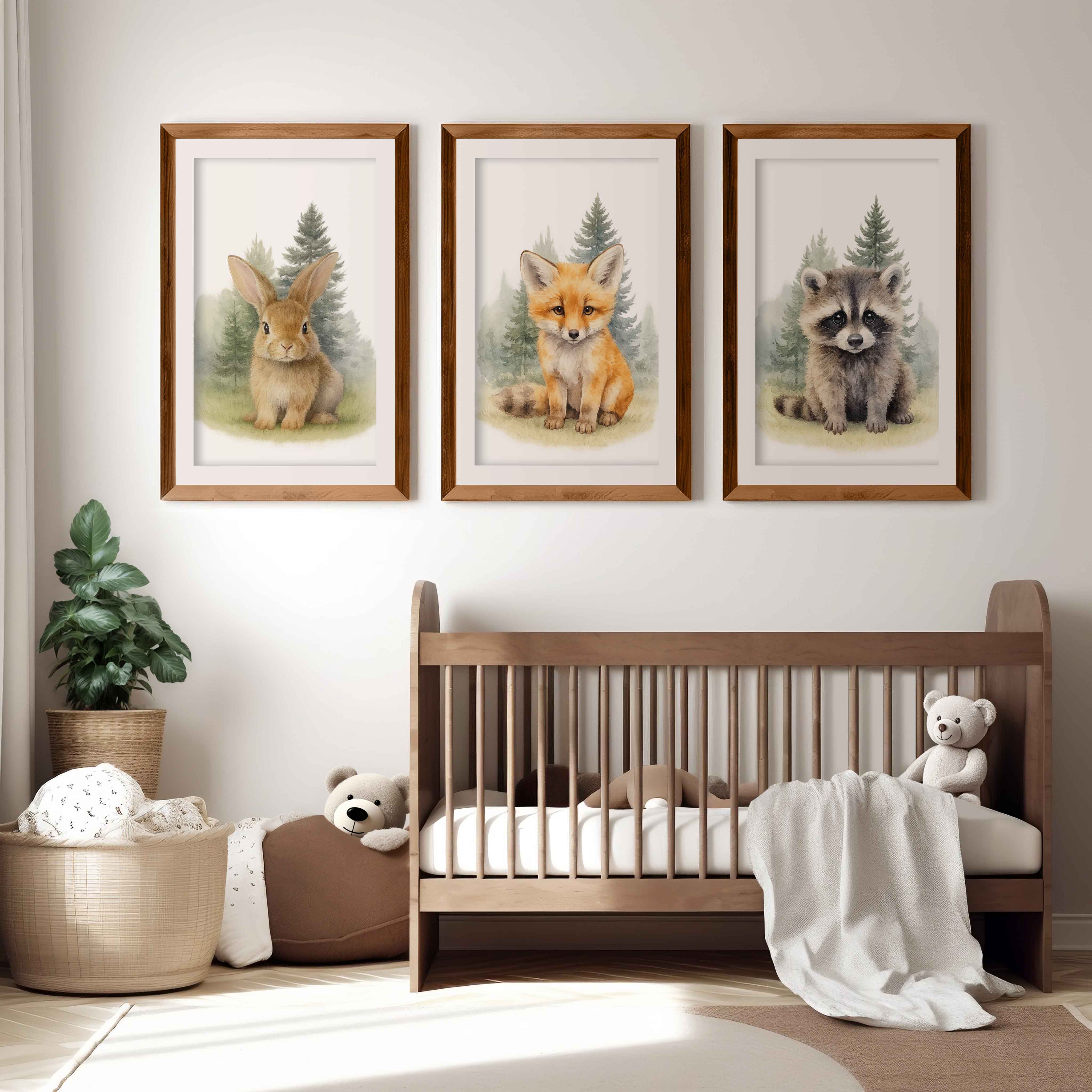 Woodland Nursery Wall Art – Bunny, Fox & Raccoon Set - Dark Brown Framed Poster with White Border - Artworksets