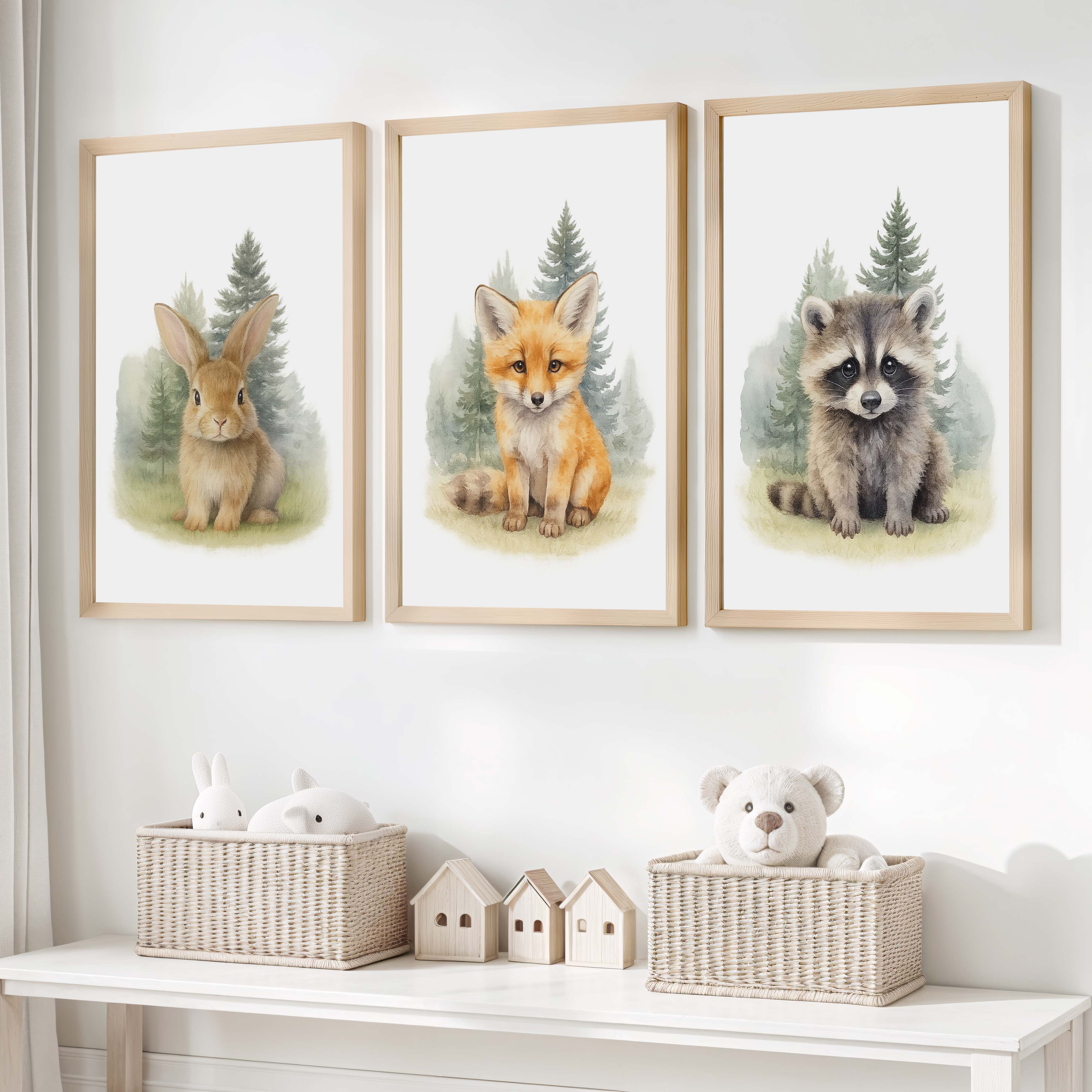 Woodland Nursery Wall Art – Bunny, Fox & Raccoon Set - Natural Wood Framed Poster No Border - Artworksets