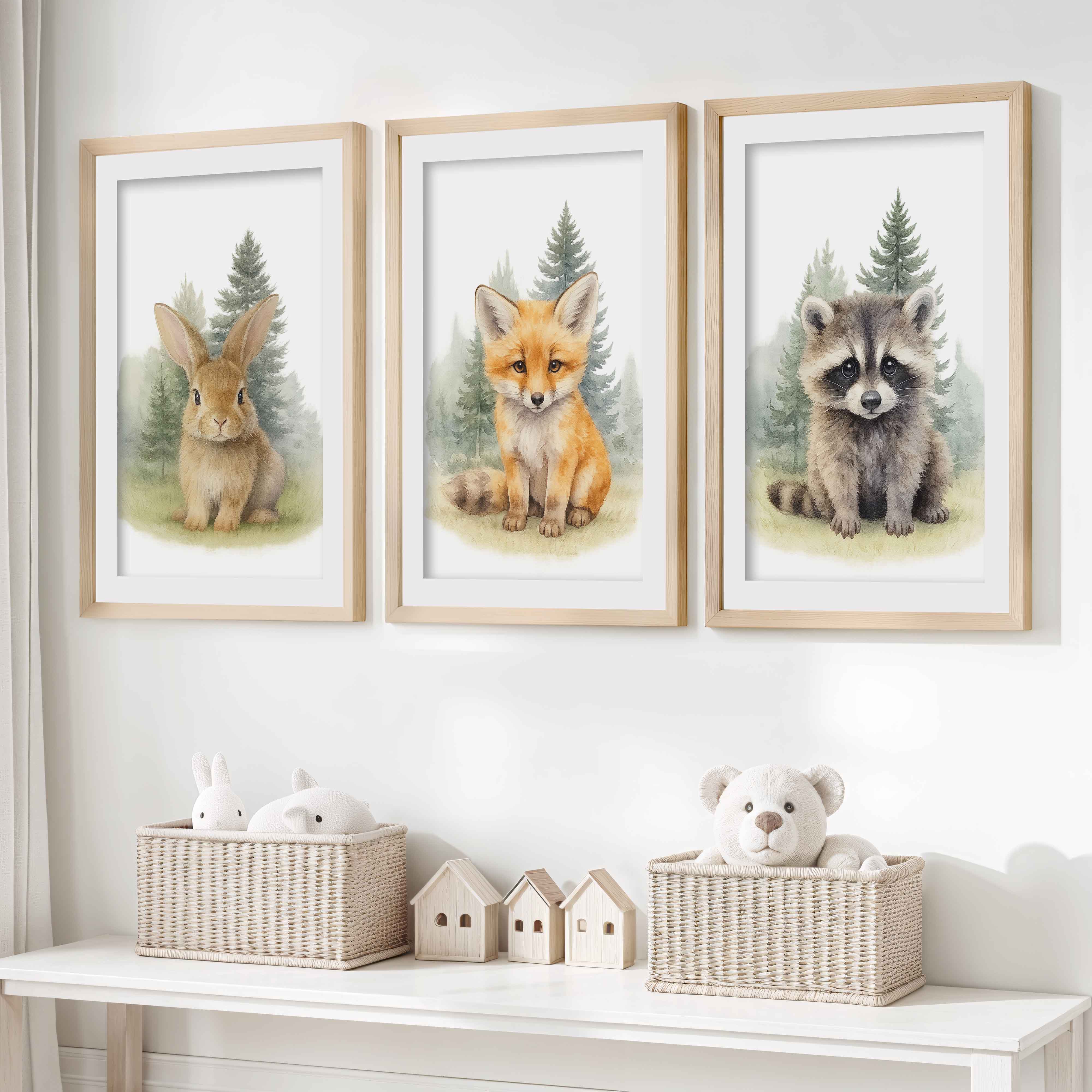 Woodland Nursery Wall Art – Bunny, Fox & Raccoon Set- Natural Wood Framed Poster with White Border - Artworksets