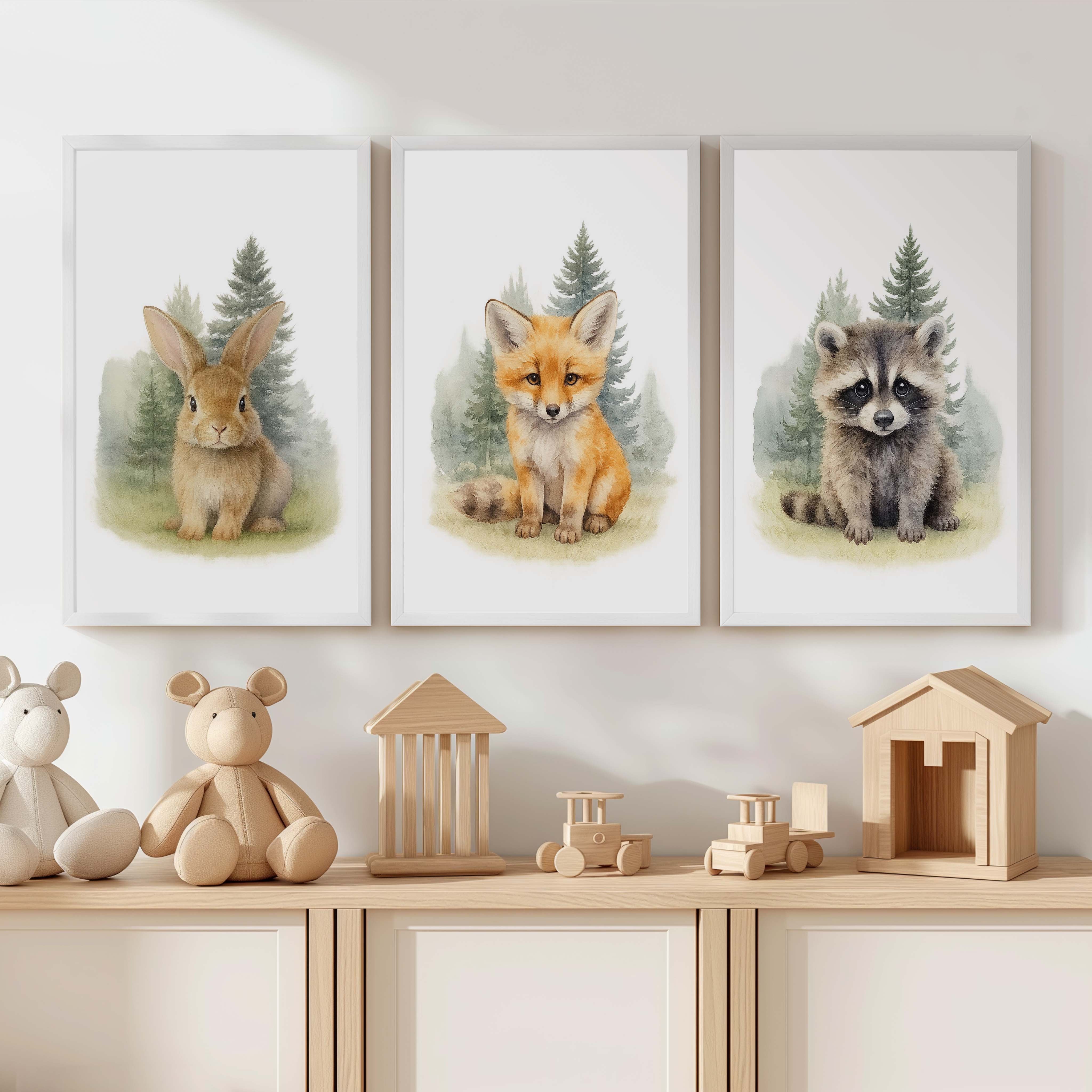 Woodland Nursery Wall Art – Bunny, Fox & Raccoon Set - White Framed Poster No Border - Artworksets