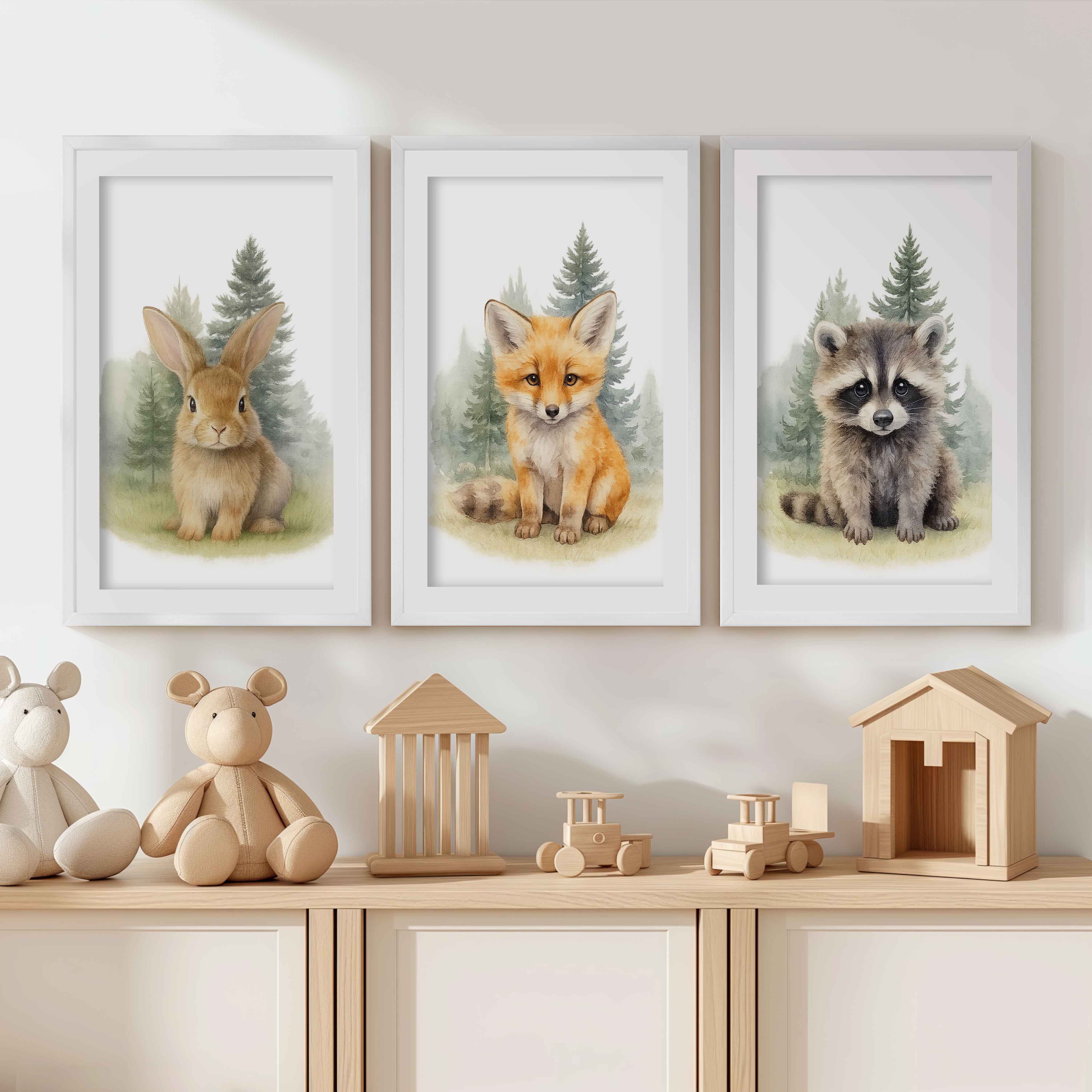 Woodland Nursery Wall Art – Bunny, Fox & Raccoon Set - White Framed Poster with White Border - Artworksets