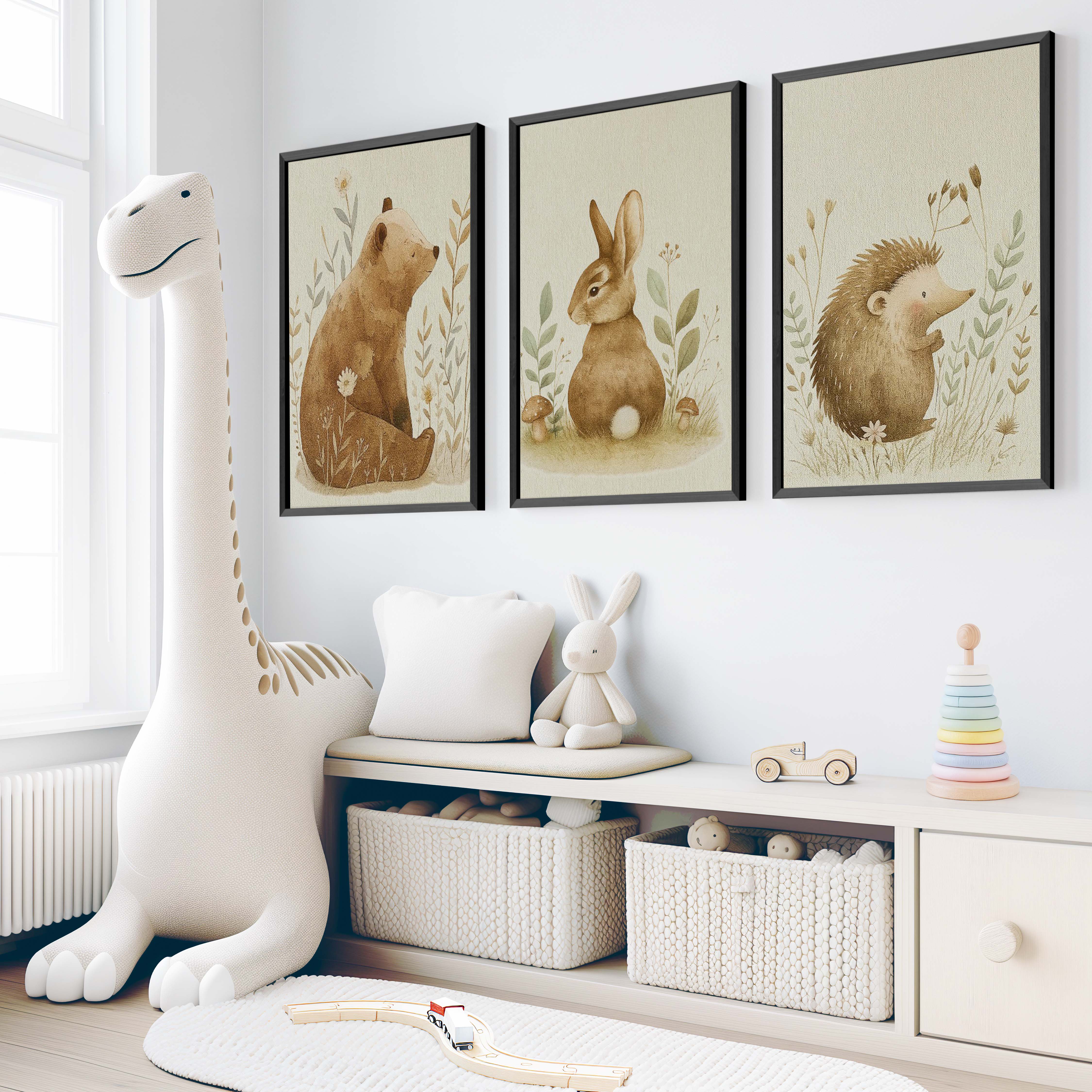 Woodland Nursery Wall Decor – Bear, Bunny & Hedgehog Set - Black Framed Poster No Border - Artworksets