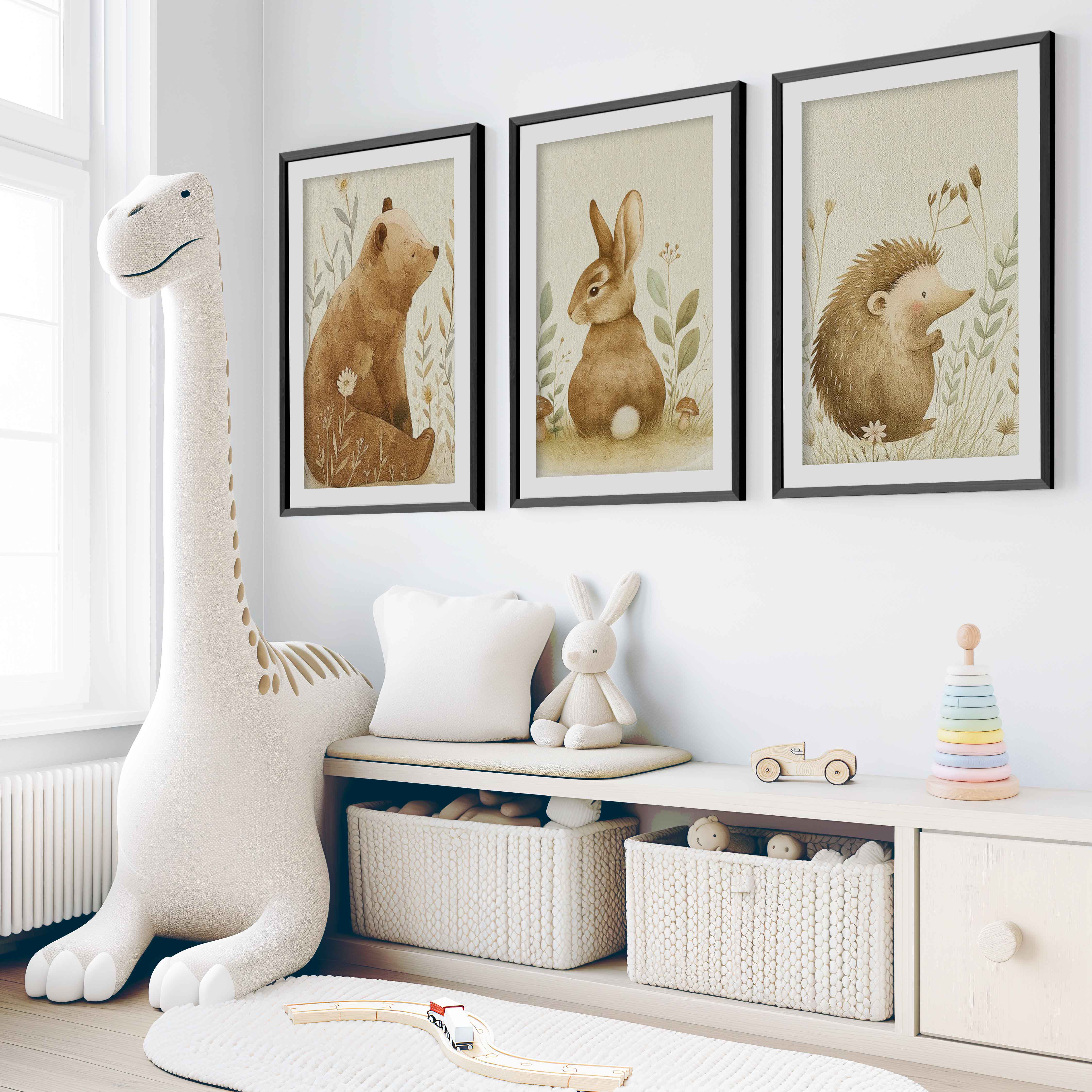 Woodland Nursery Wall Decor – Bear, Bunny & Hedgehog Set - Black Framed Poster with White Border - Artworksets