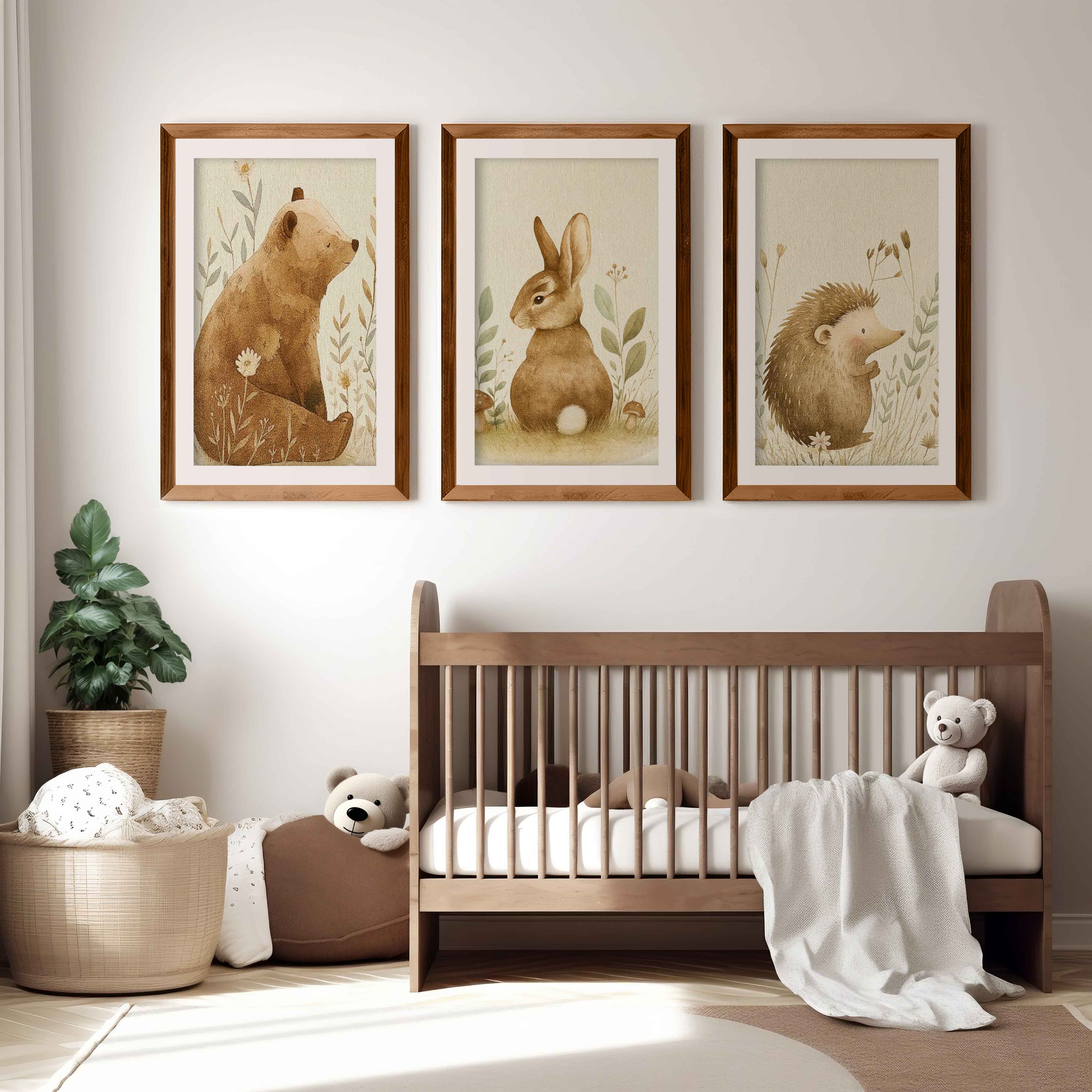 Woodland Nursery Wall Decor – Bear, Bunny & Hedgehog Set - Dark Brown Framed Poster with White Border - Artworksets