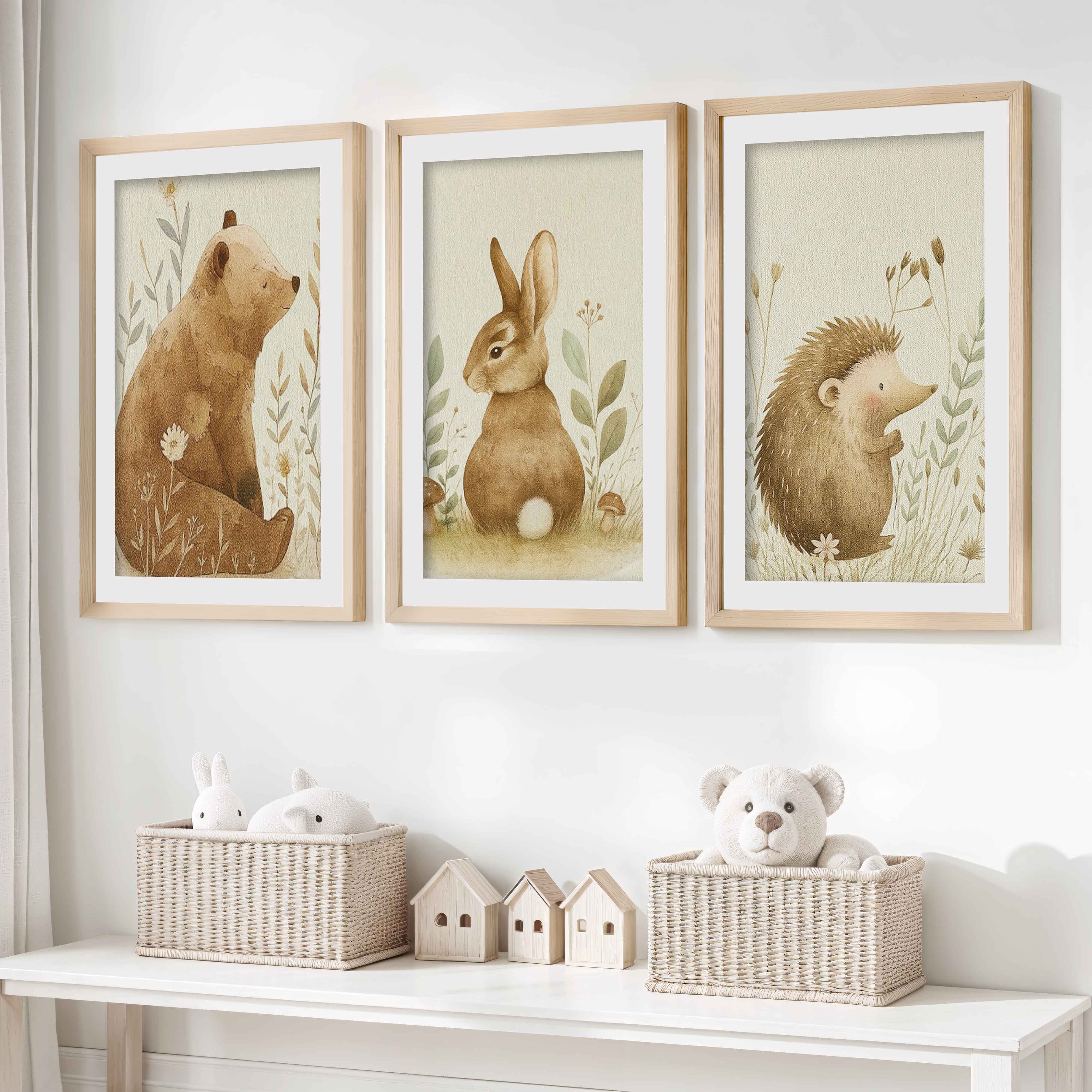 Woodland Nursery Wall Decor – Bear, Bunny & Hedgehog Set- Natural Wood Framed Poster with White Border - Artworksets